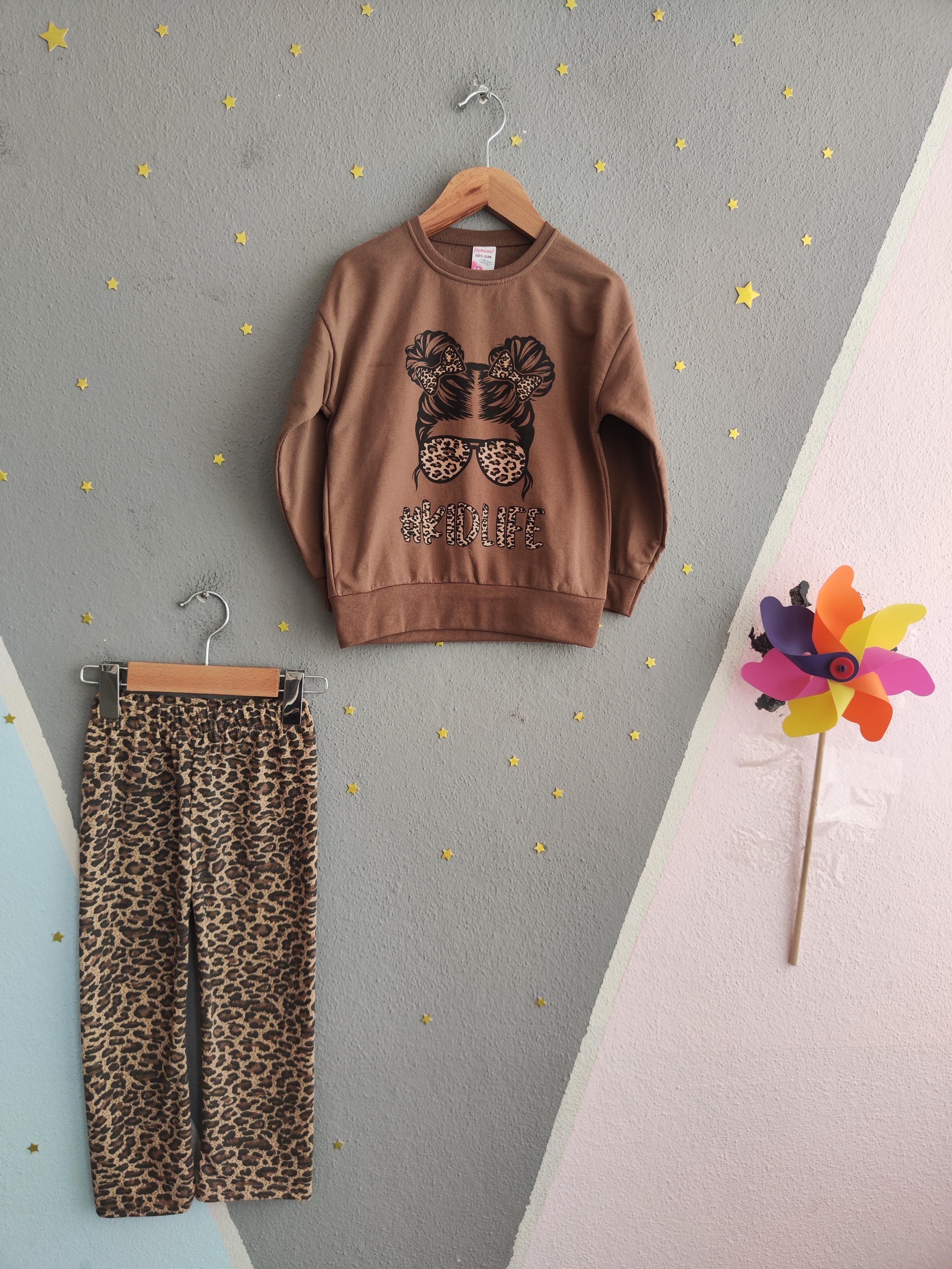 1720 - Baskılı Leopar Desen Kız Çocuk Takım - Kahve
