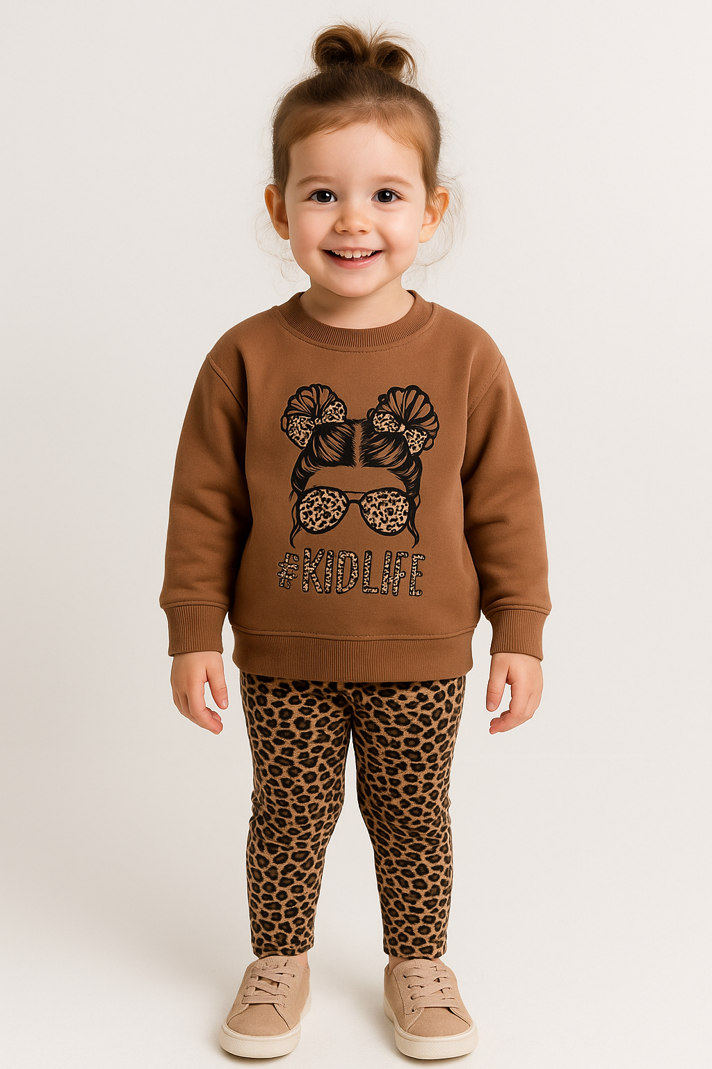 1720 - Baskılı Leopar Desen Kız Çocuk Takım - Kahve