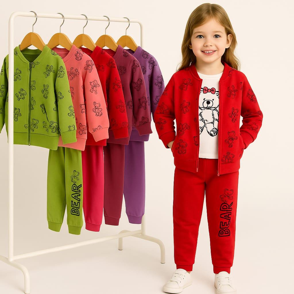 1722 - Ayıcık Baskılı Üçlü Kız Takım - Kırmızı