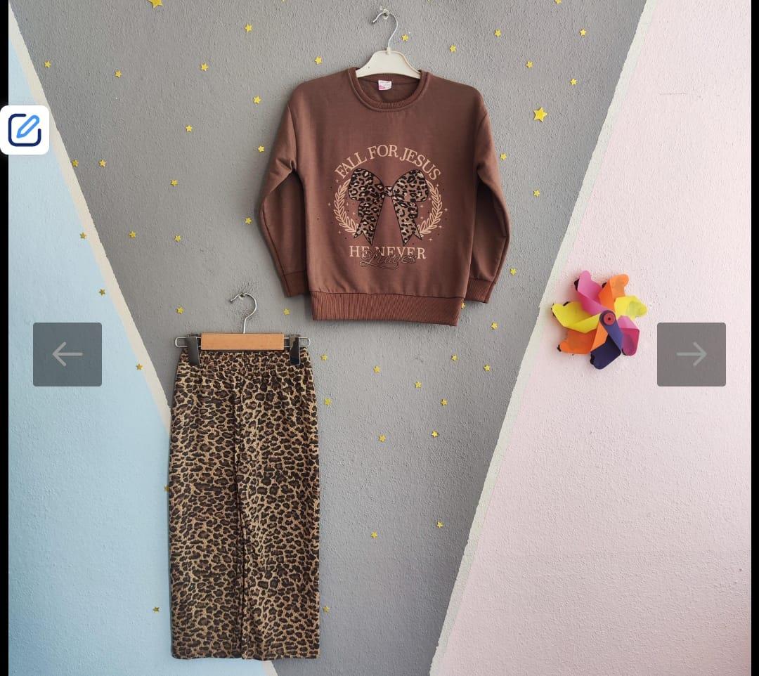 1723 -Fiyonk Baskılı Leopar Desen Kız Çocuk Takım - Kahve