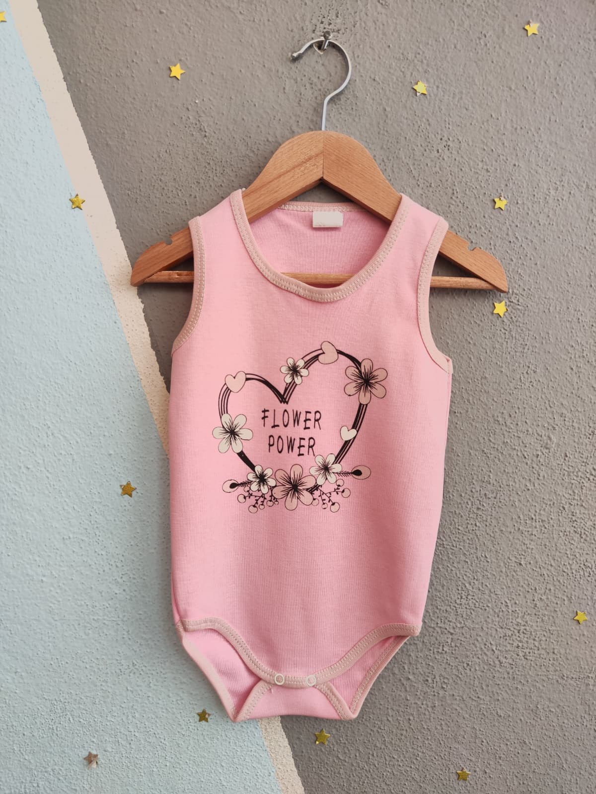 1963 - Kalp baskılı Baskılı Kolsuz Bebek Çıtçıtlı Body - Toz pembe