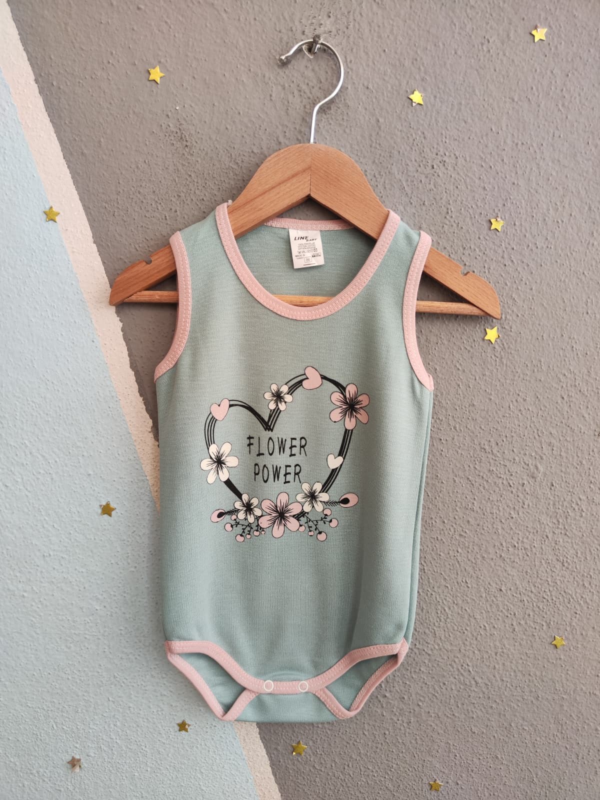 1963 - Kalp baskılı Baskılı Kolsuz Bebek Çıtçıtlı Body - Mint yeşili