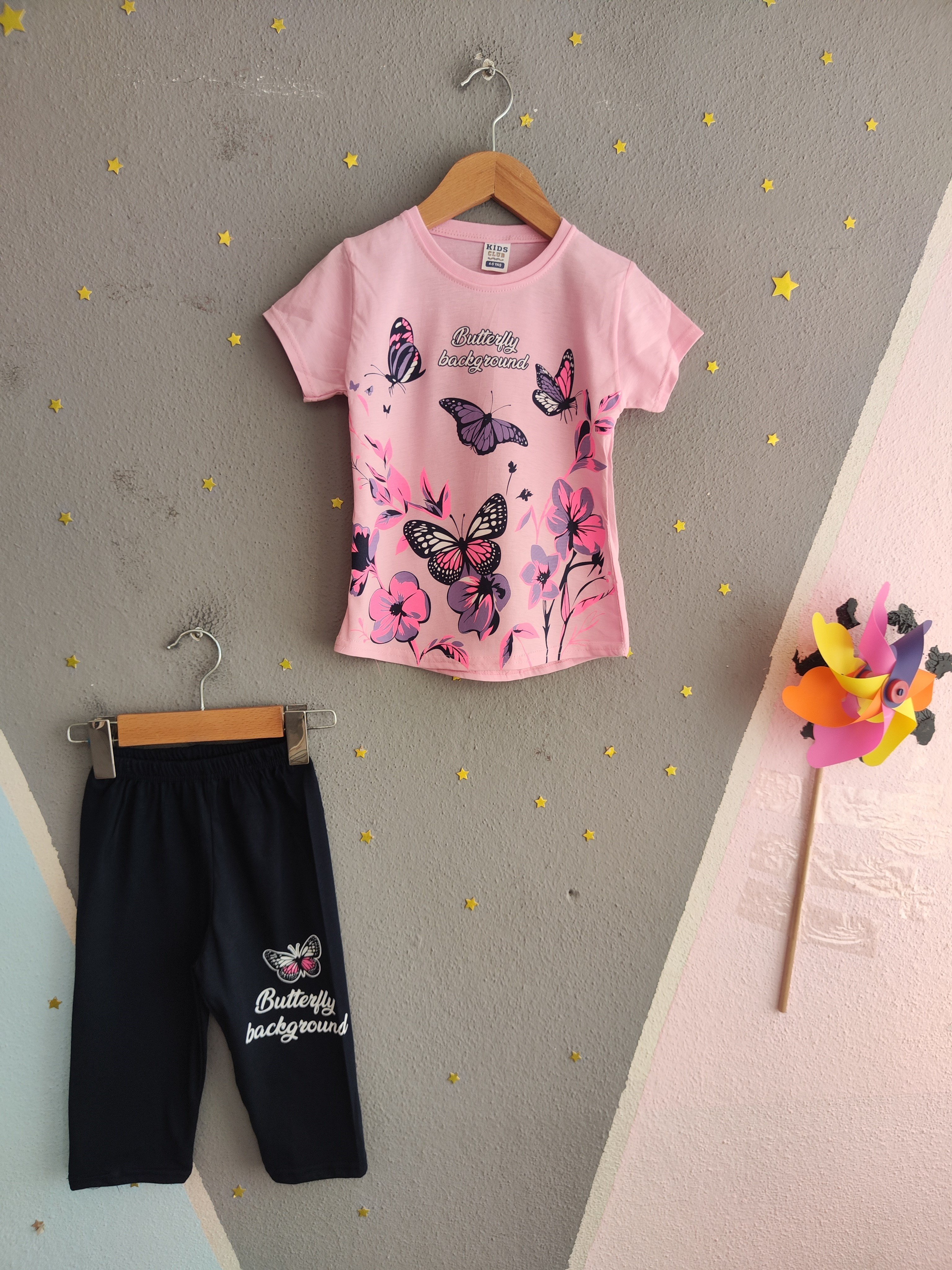 2031 - Butterfly Dream Kapri Taytlı Kız Çocuk Takımı - Toz pembe