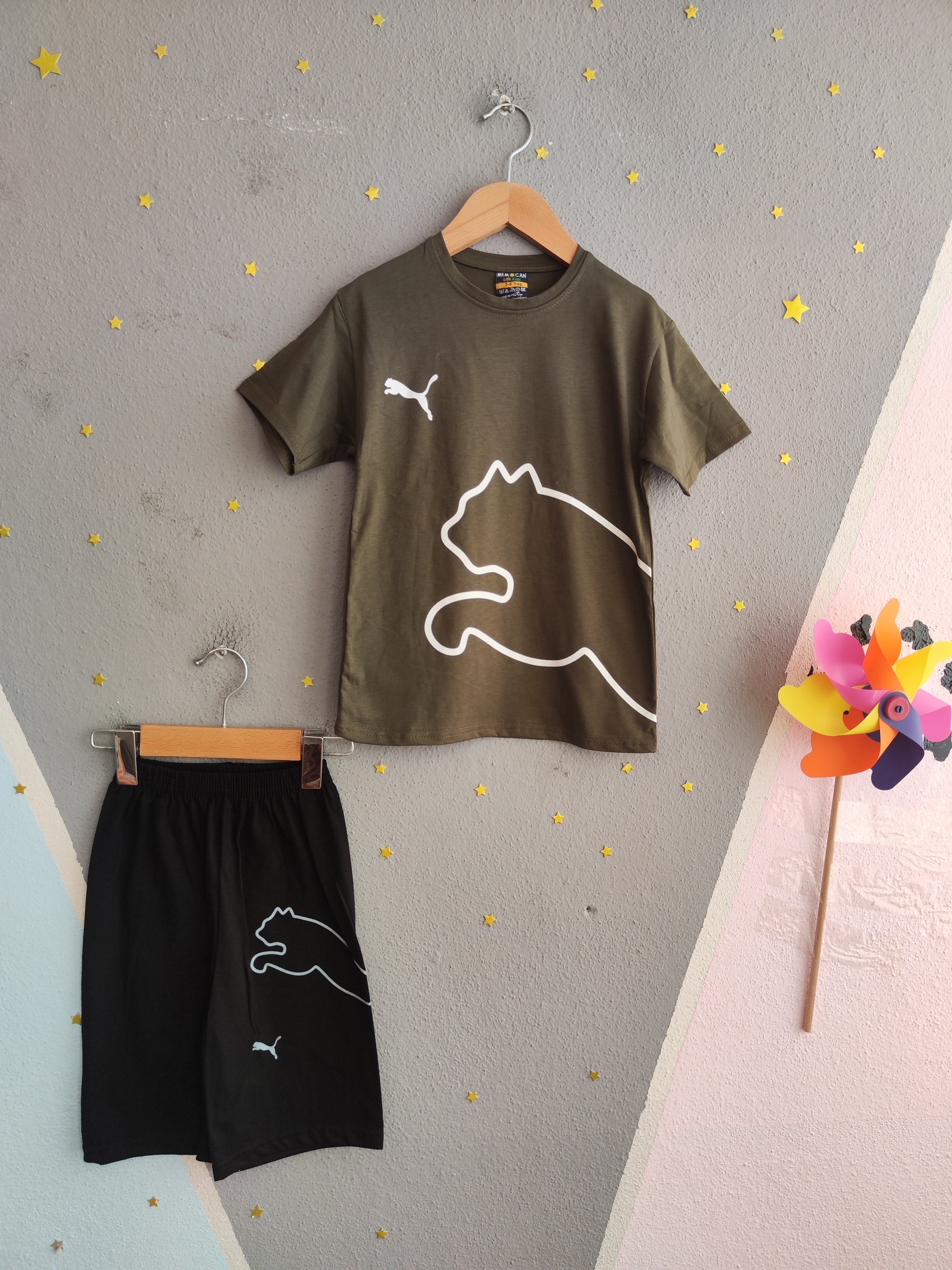 2041 - Baskılı Şortlu Erkek Çocuk Takımı- Haki