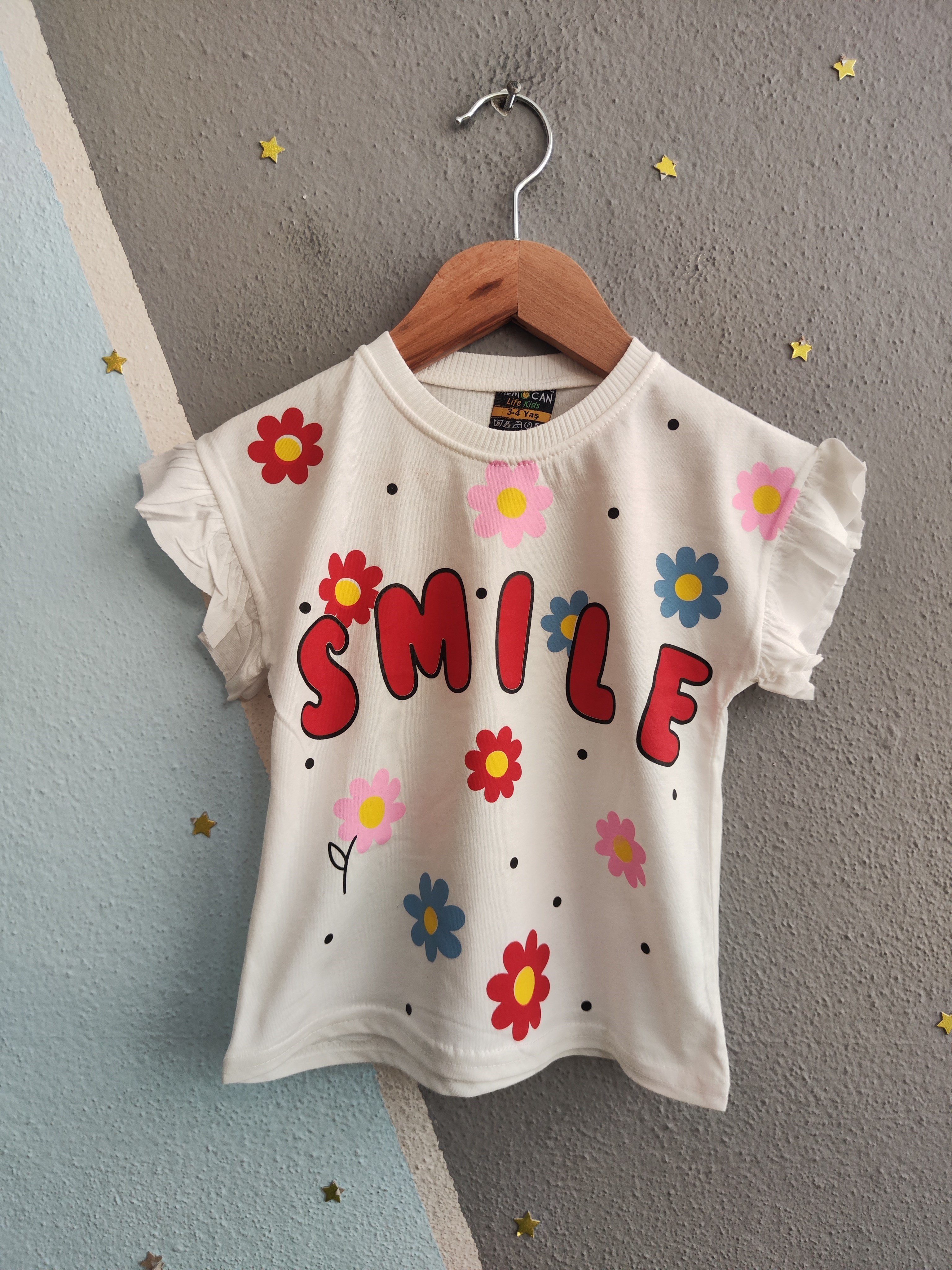 2086 - Smile Baskılı Fırfırlı Kız Çocuk Takım - Kırmızı