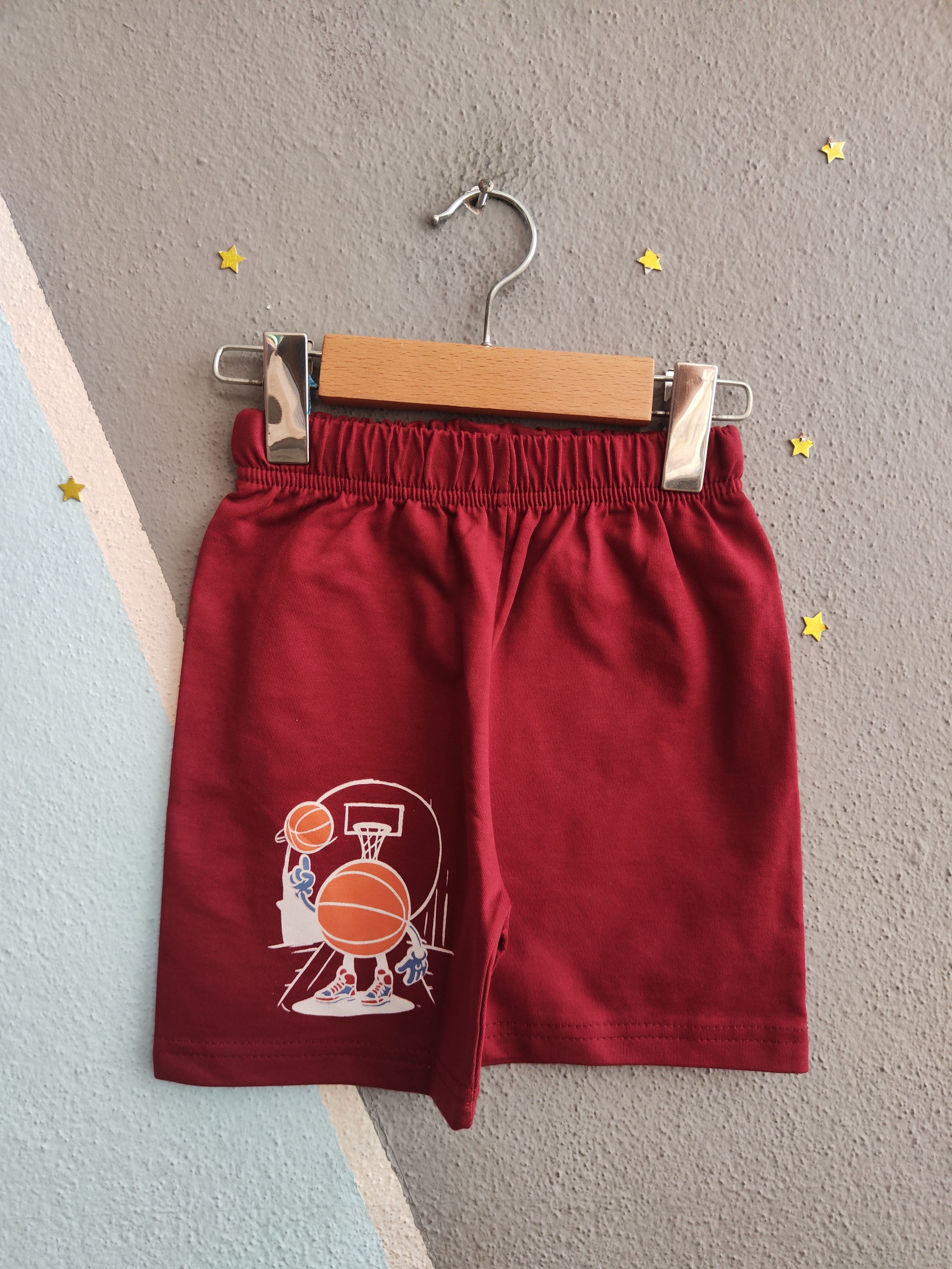2087 - Basketbol Baskılı Şapkalı Yazlık Erkek Çocuk Takımı - Bordo