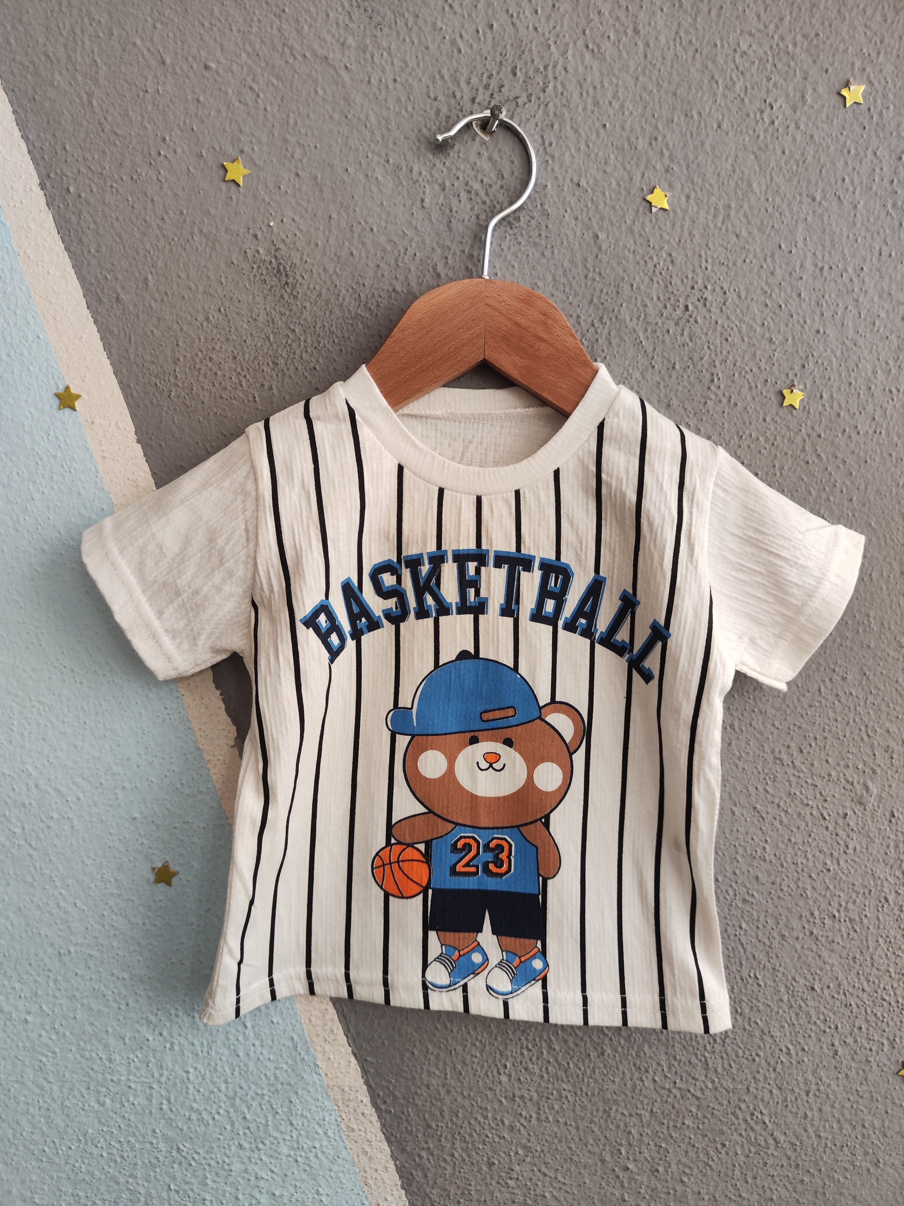 2104 - Basketbol Baskılı  Erkek Bebek Takım - Krem-mavi