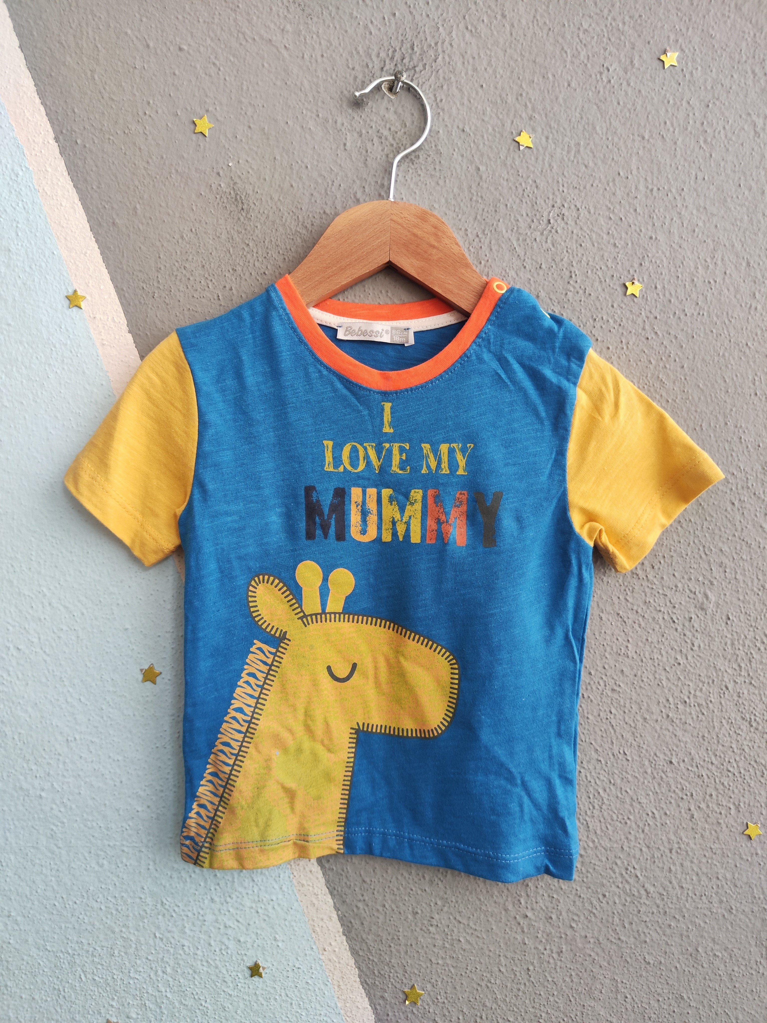 2109 - Love Mummy Baskılı  Erkek Bebek Takımı - Saks - Sarı 