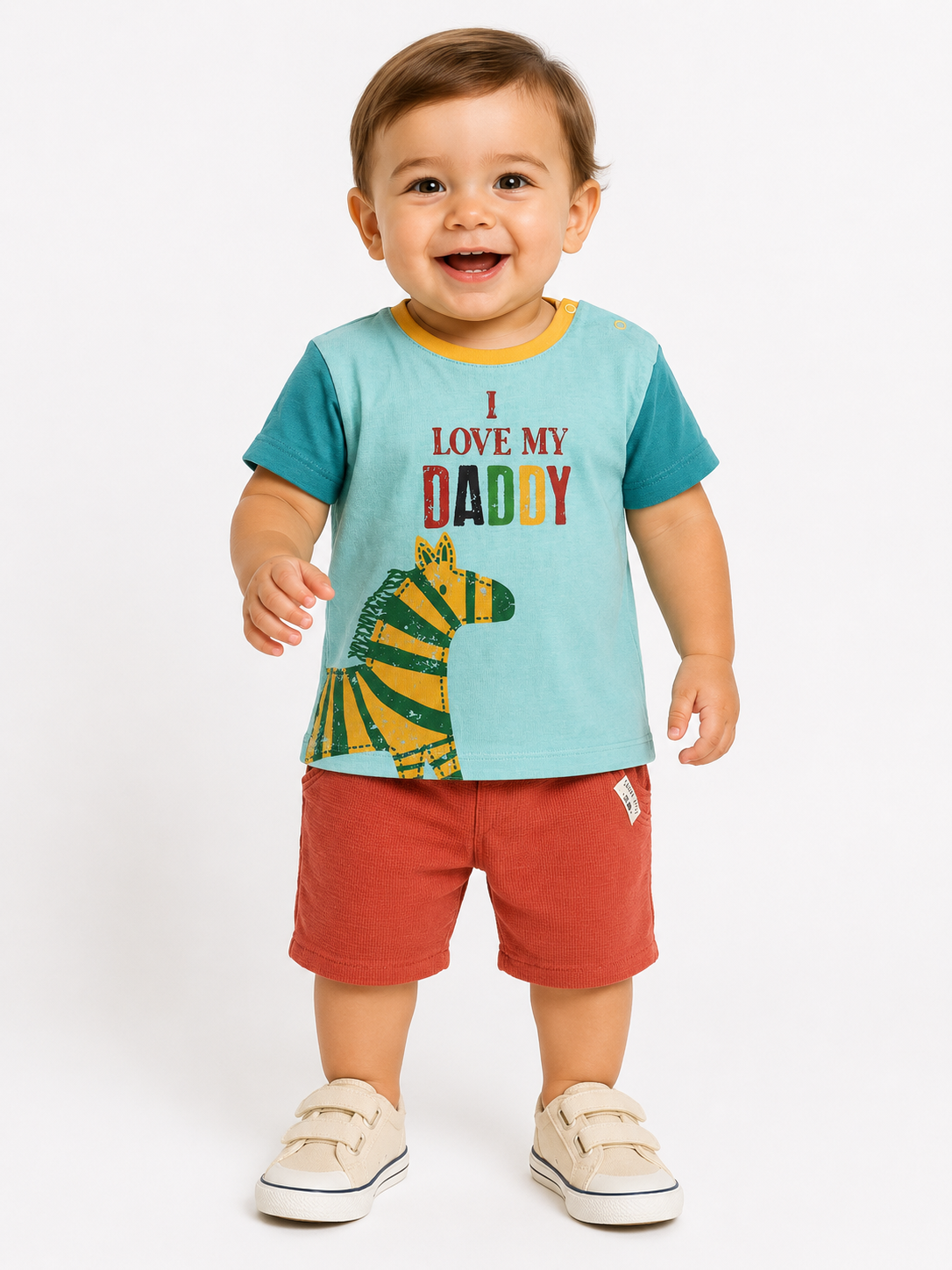 2110 - Love Daddy Baskılı  Erkek Bebek Takımı - Turkuaz - Kiremit