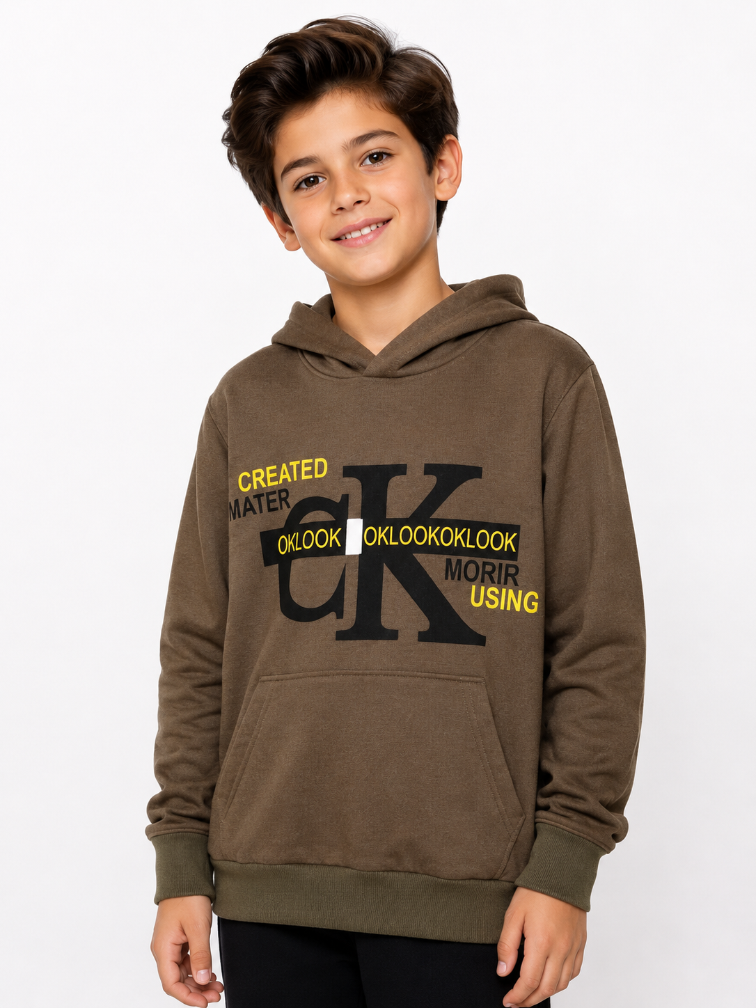 2119 - Baskılı Kapüşonlu Erkek Çocuk Sweatshirt - Haki