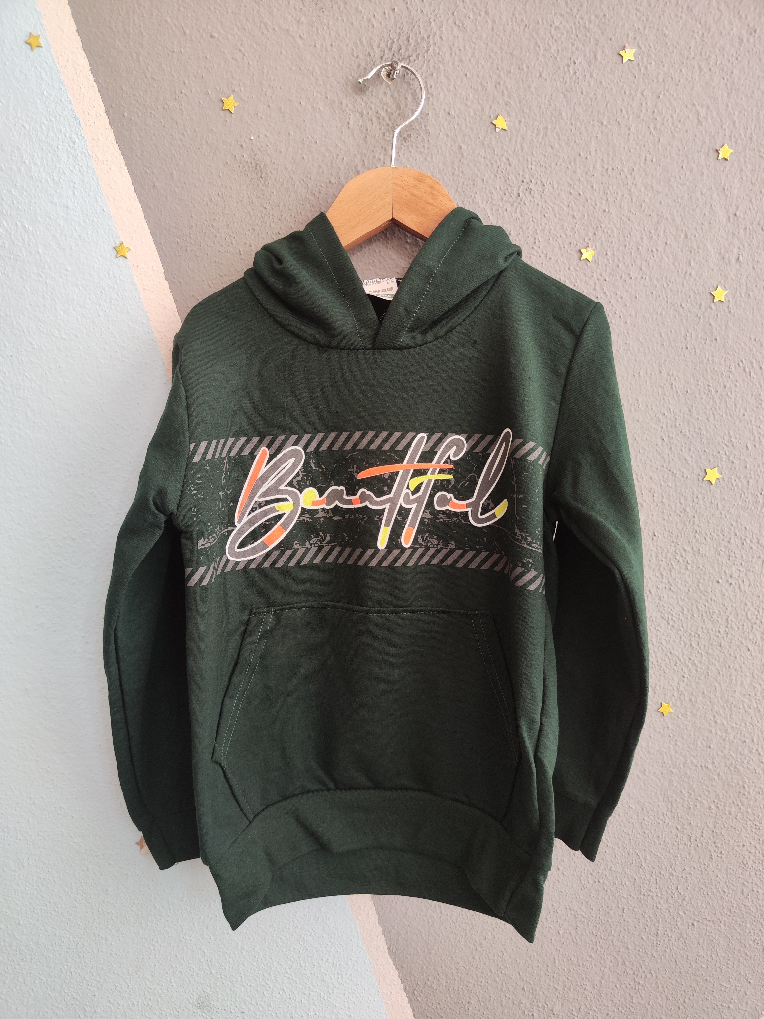 2120- Baskılı Kapüşonlu Erkek Çocuk Sweatshirt - Haki