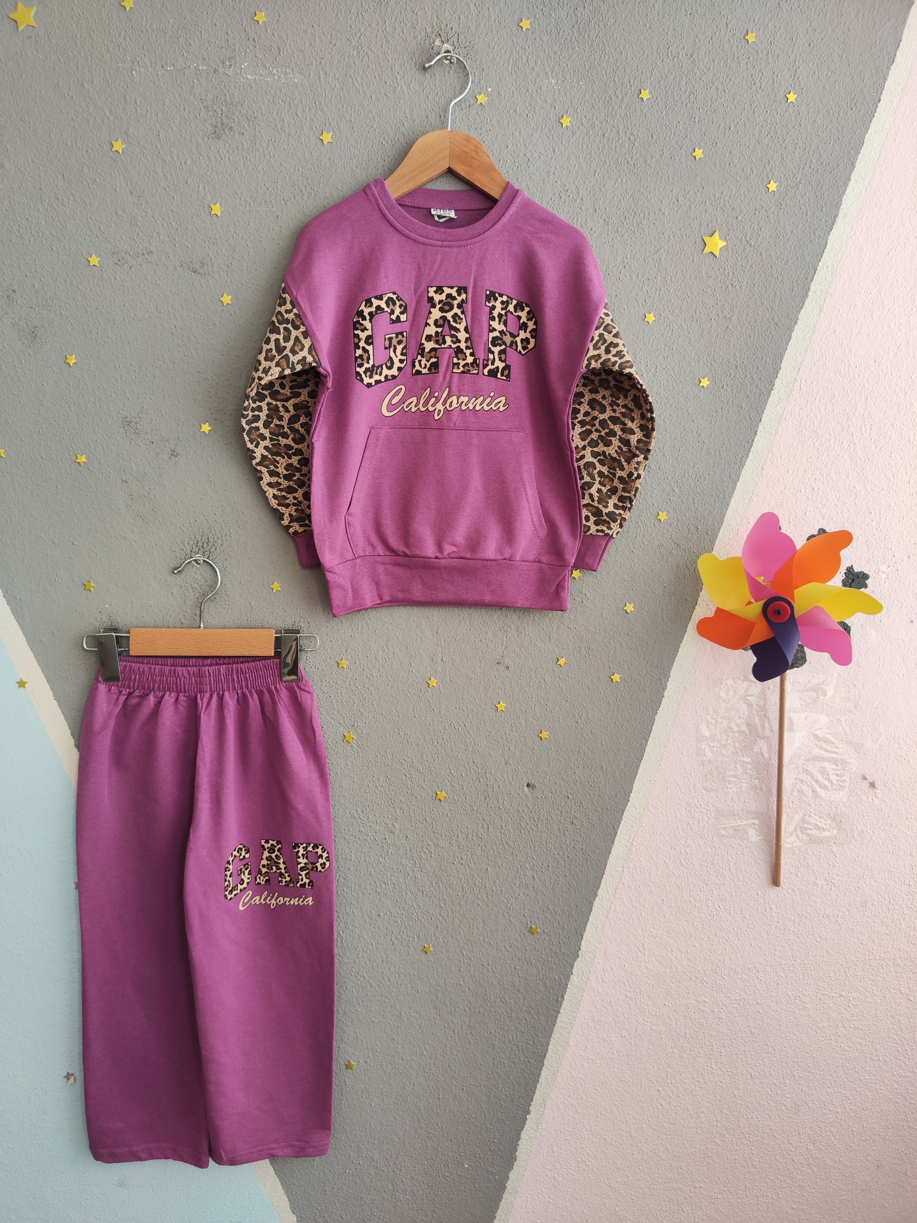 2122 - Kolları Leopar Baskılı Kız Çocuk Takım  - Lila