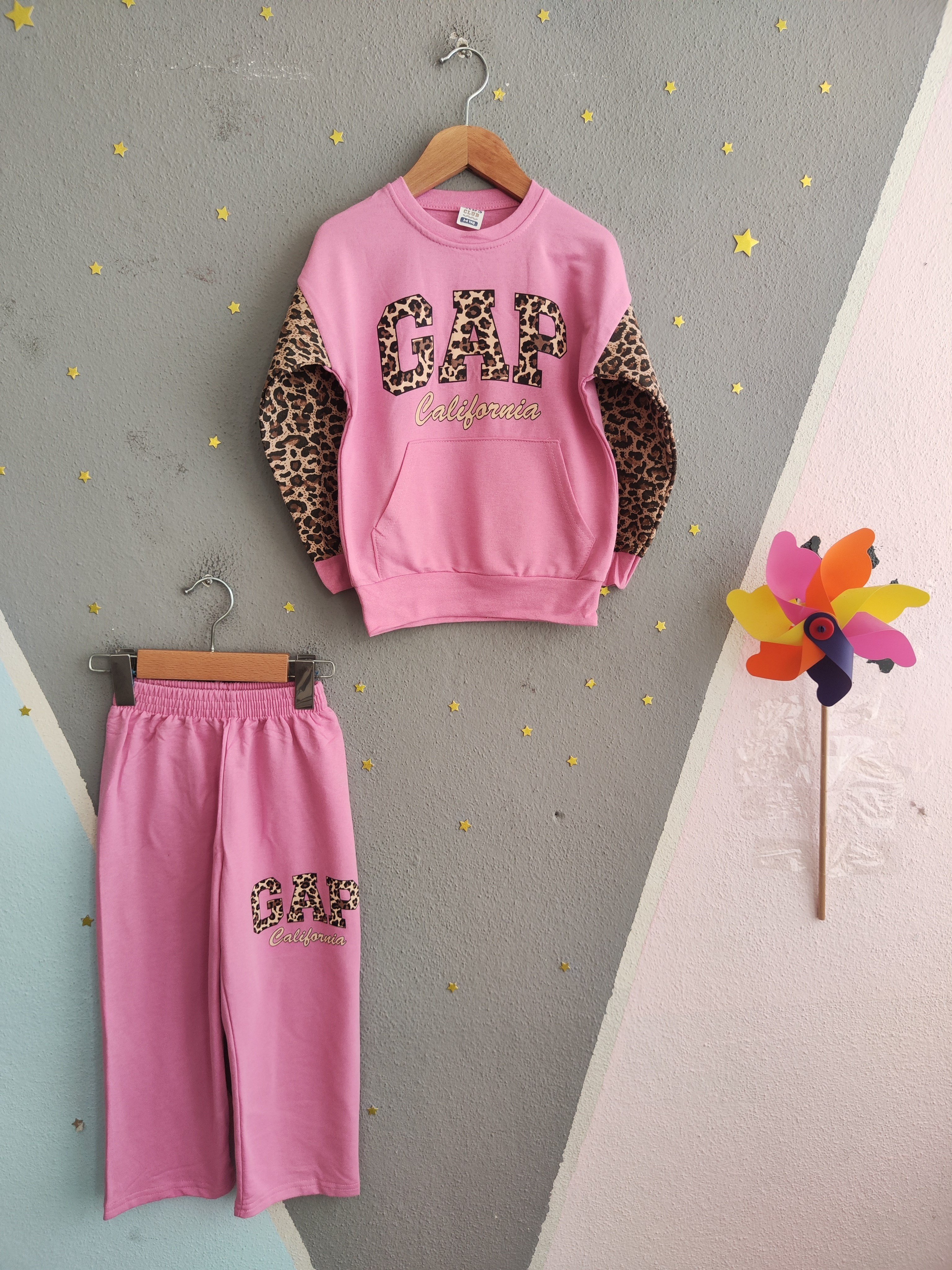 2122 - Kolları Leopar Baskılı Kız Çocuk Takım  - Pembe