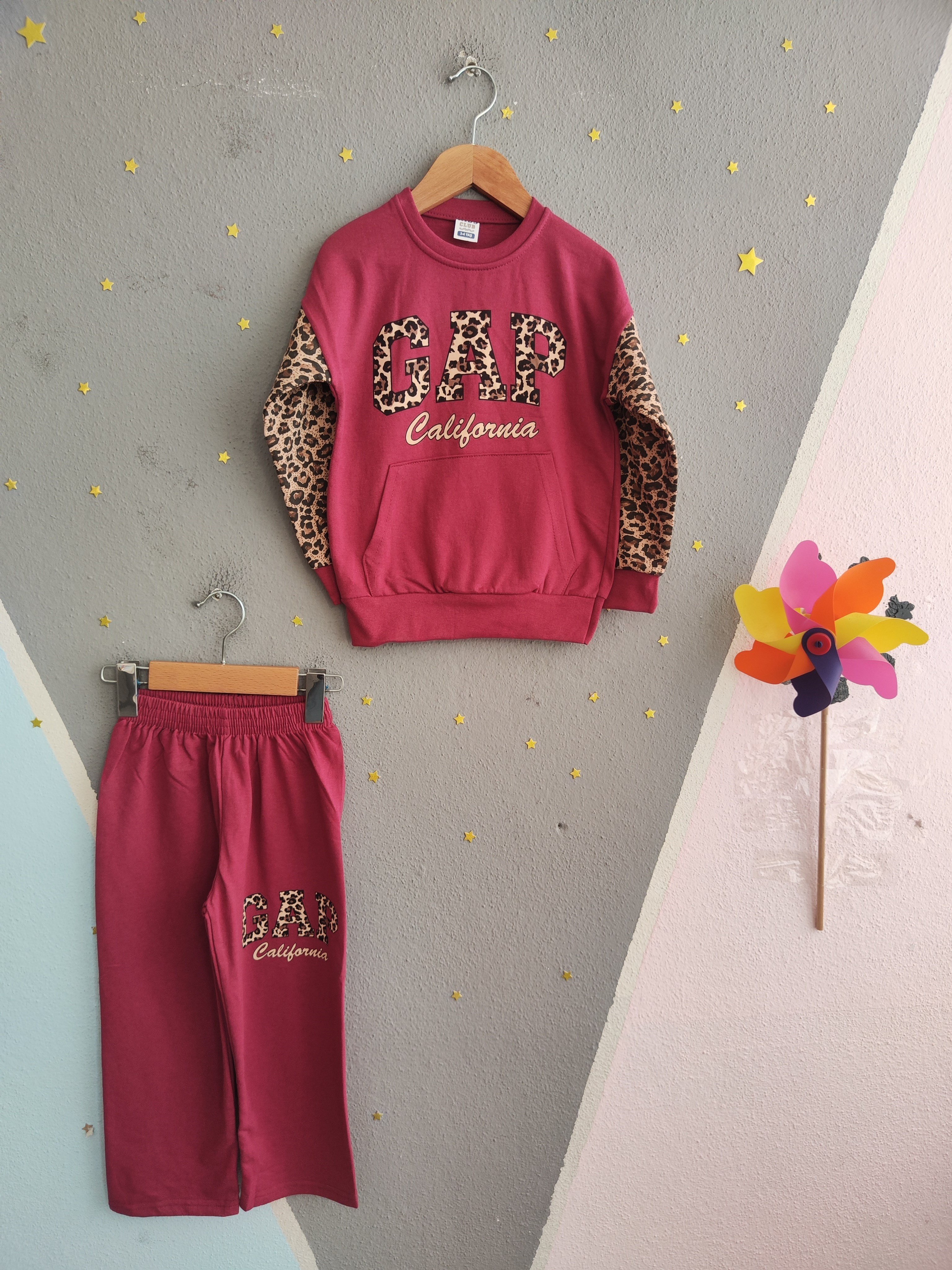 2122 - Kolları Leopar Baskılı Kız Çocuk Takım  - Mürdüm