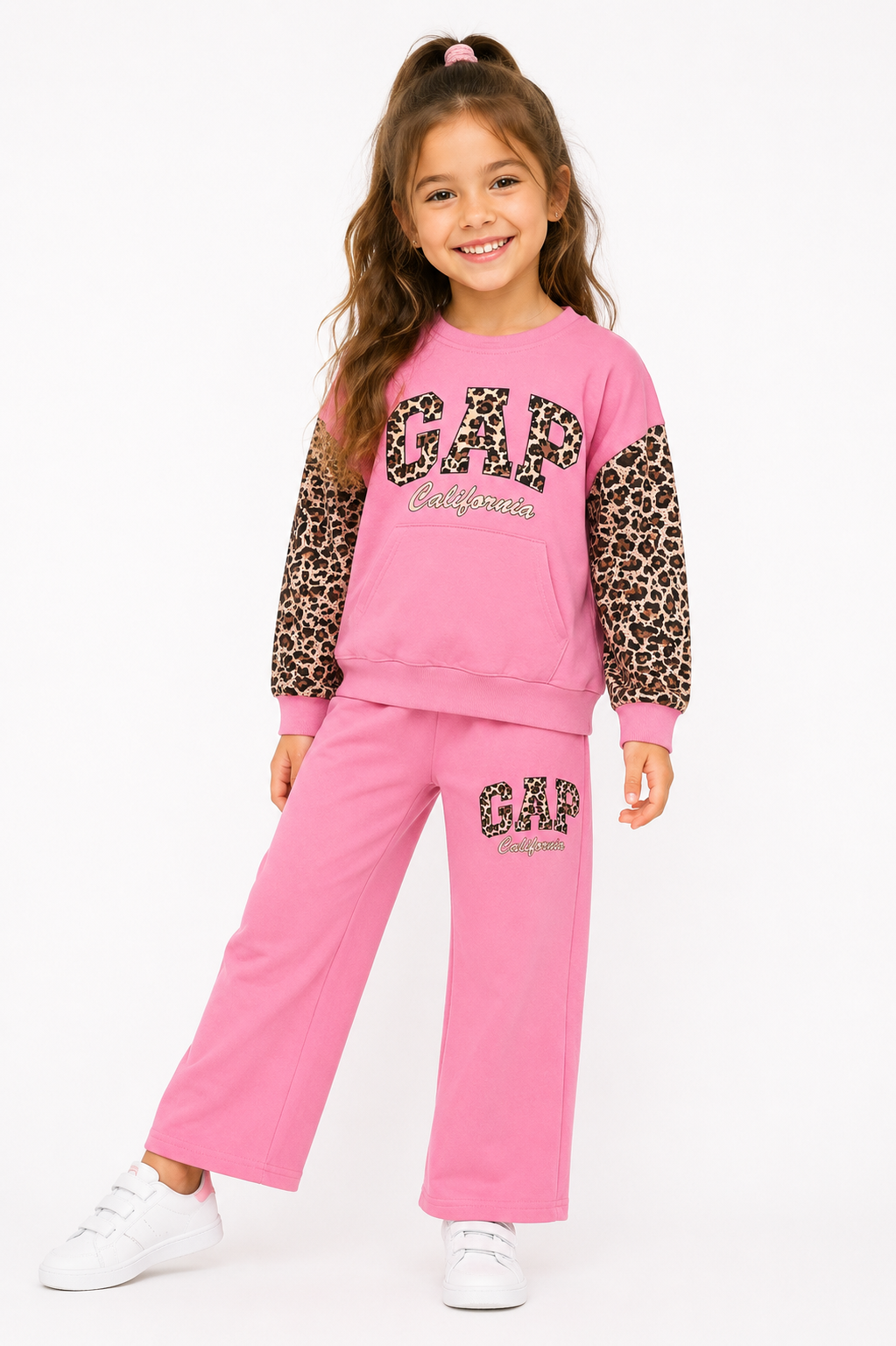 2122 - Kolları Leopar Baskılı Kız Çocuk Takım  - Pembe