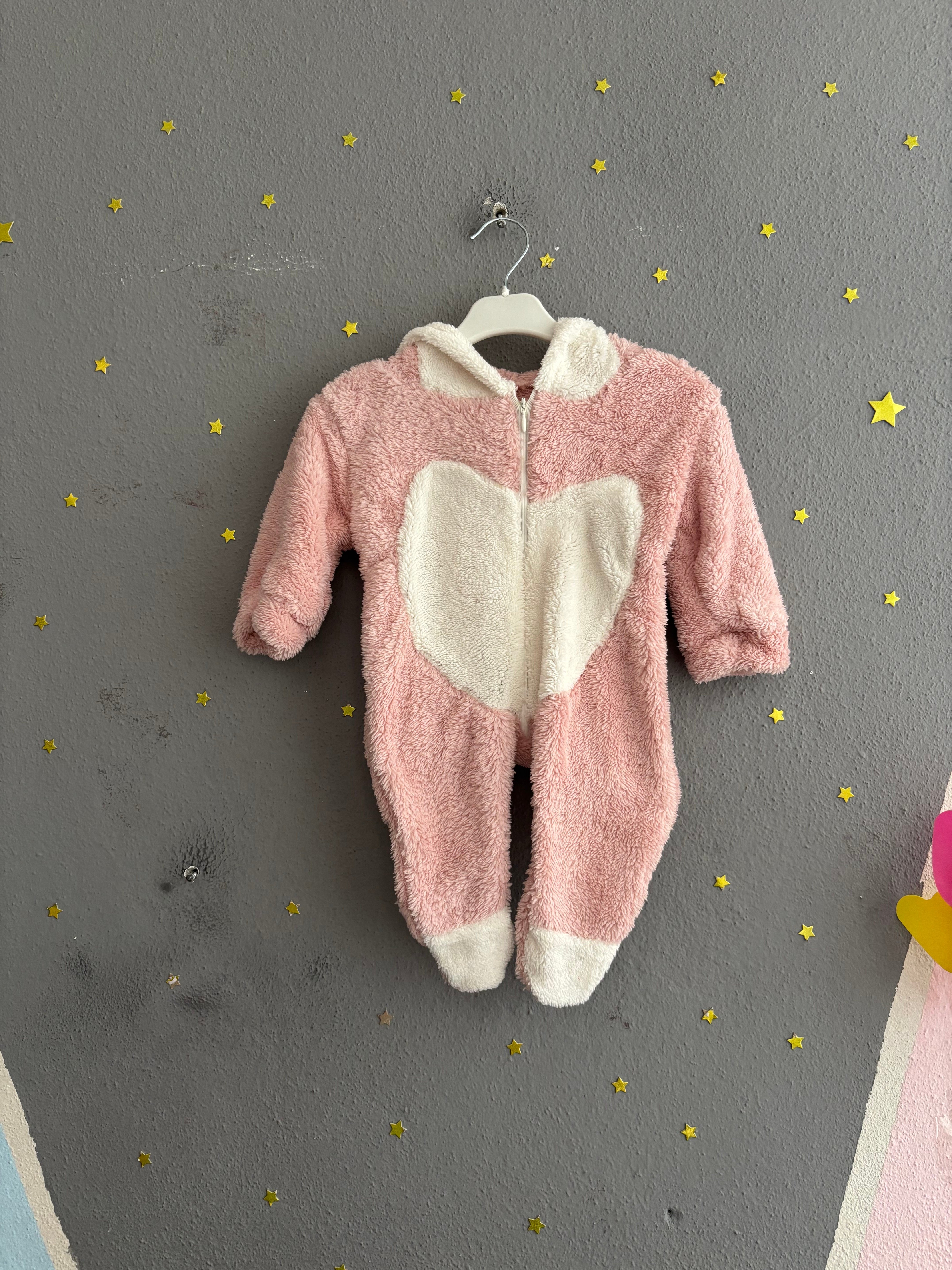 2142 -Kapüşonlu Peluş Kumaş Kız Bebek Tulumu - gül kurusu