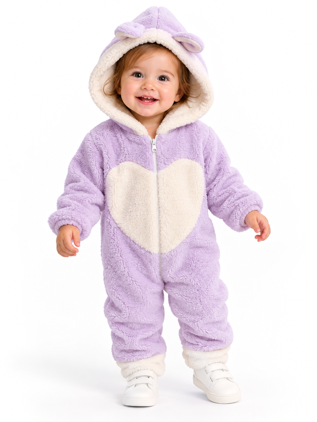 2142 -Kapüşonlu Peluş Kumaş Kız Bebek Tulumu - Lila