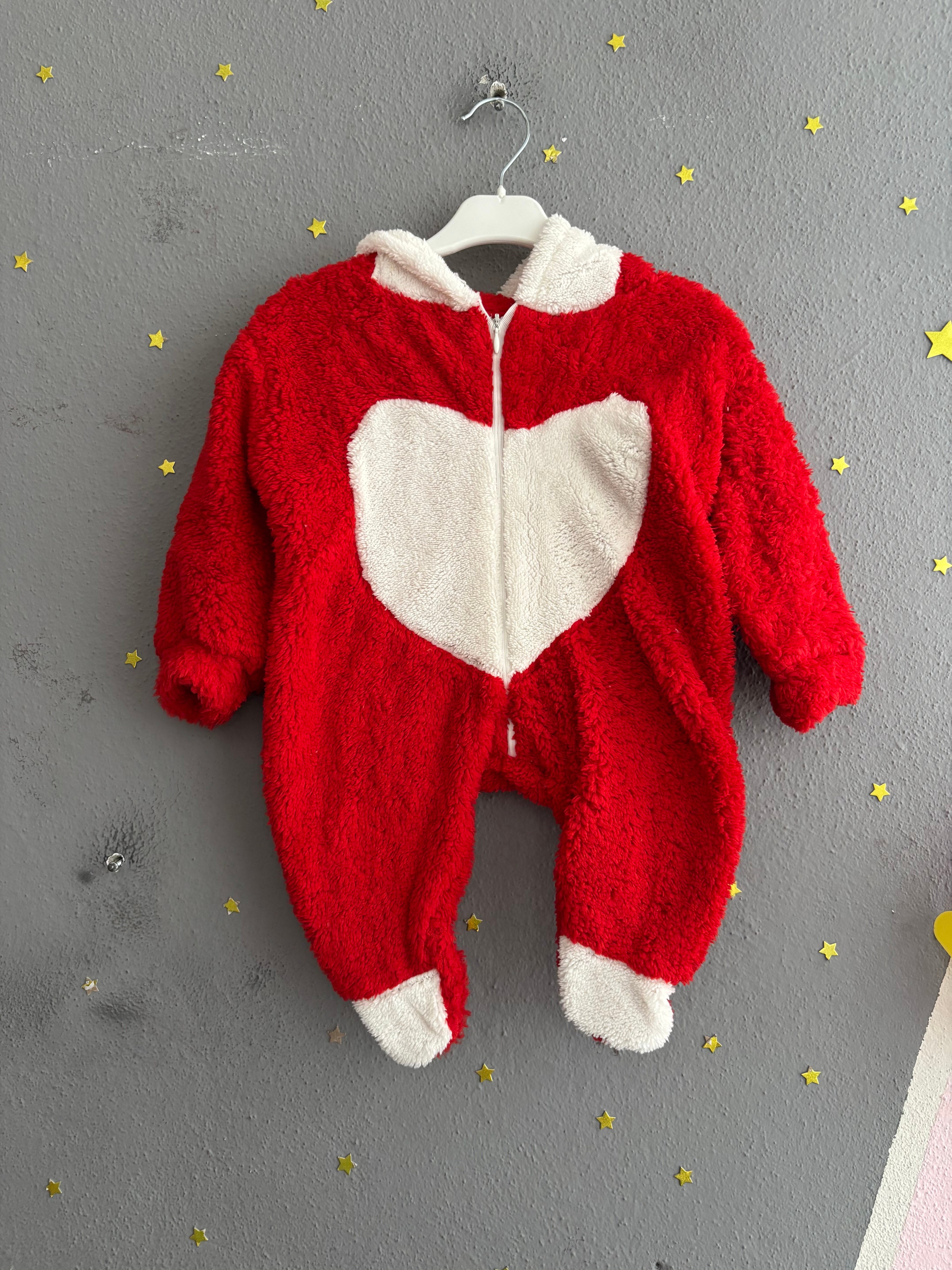2142 -Kapüşonlu Peluş Kumaş Kız Bebek Tulumu - kırmızı