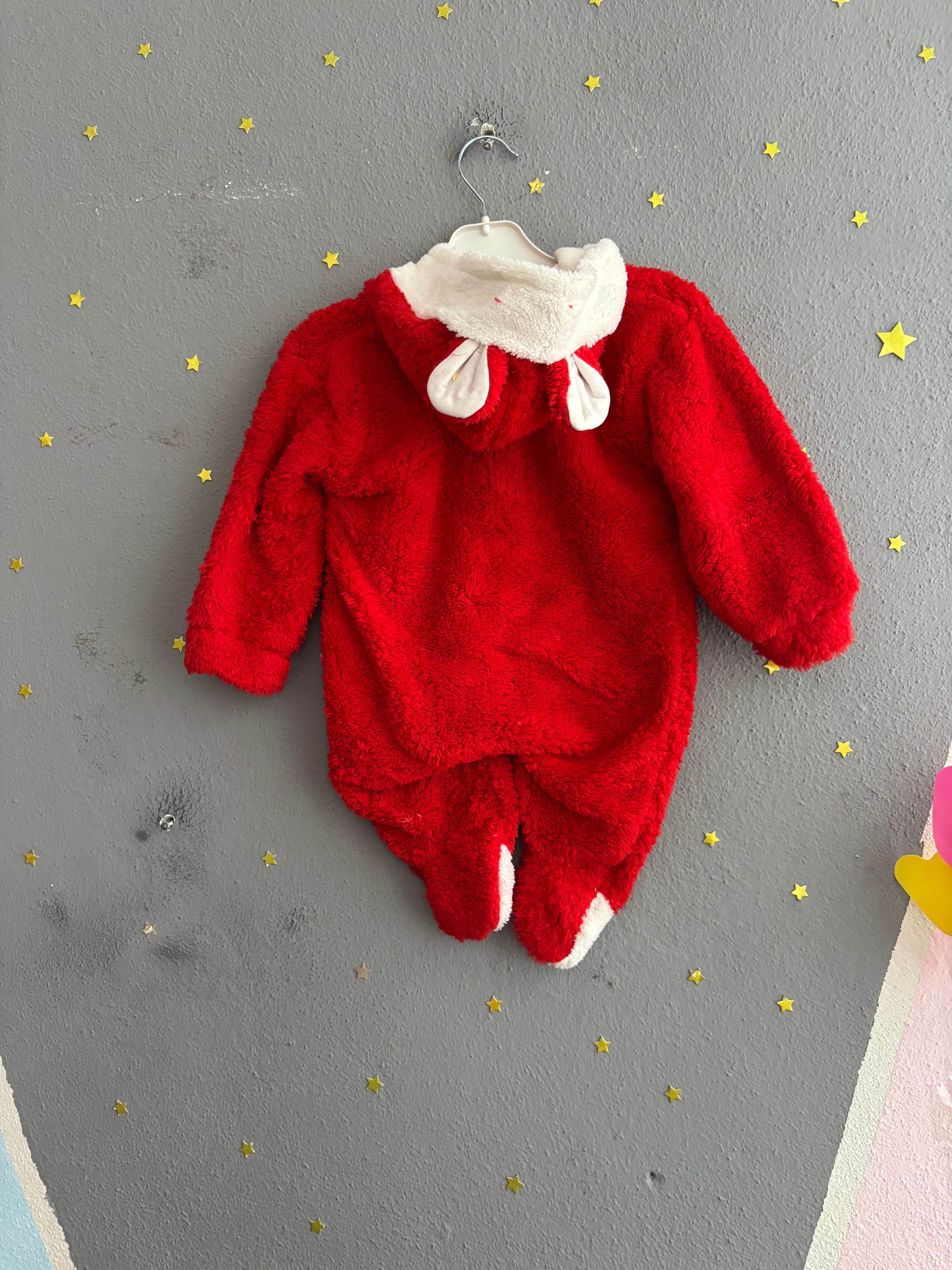 2142 -Kapüşonlu Peluş Kumaş Kız Bebek Tulumu - kırmızı