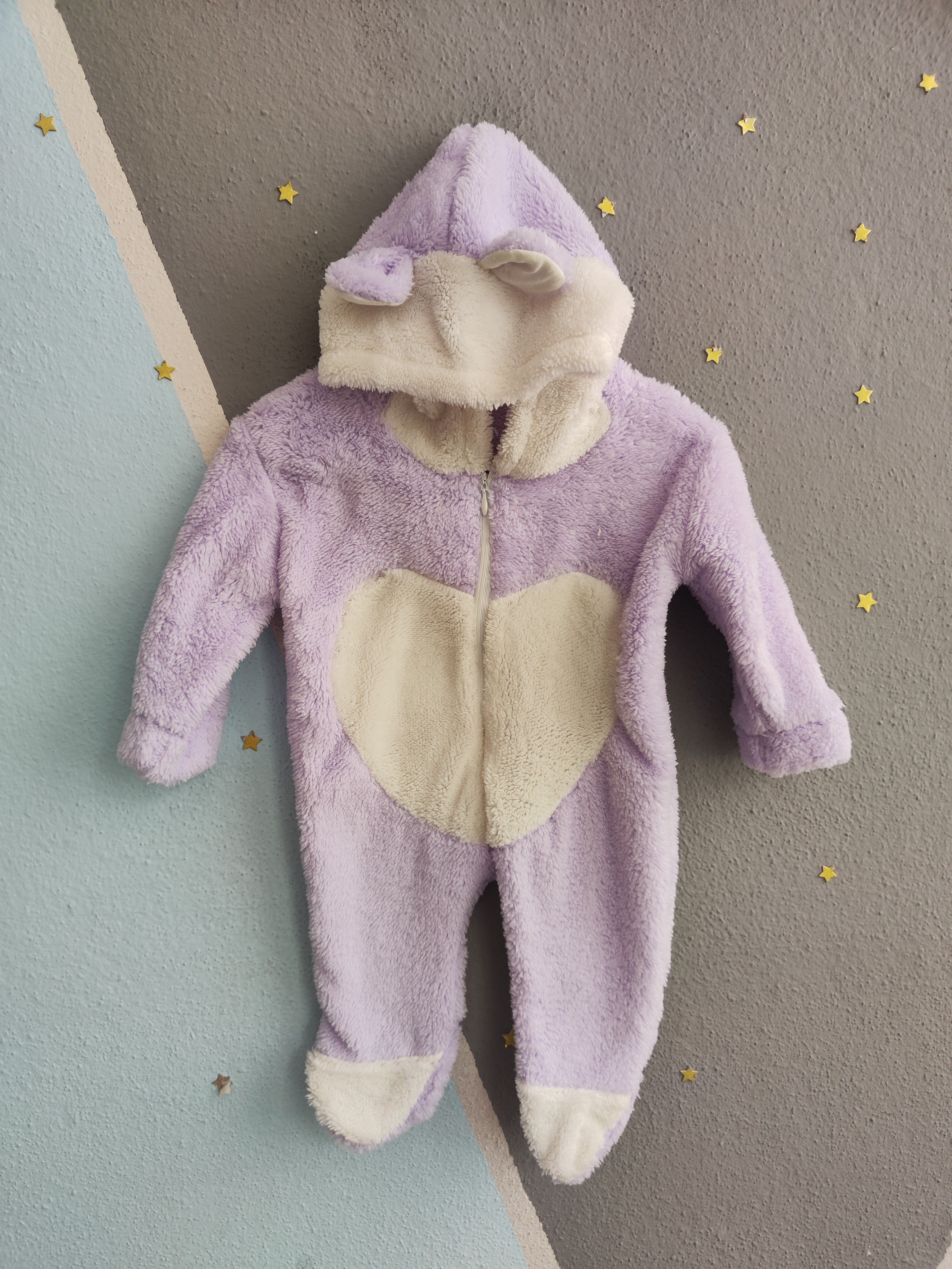2142 -Kapüşonlu Peluş Kumaş Kız Bebek Tulumu - Lila