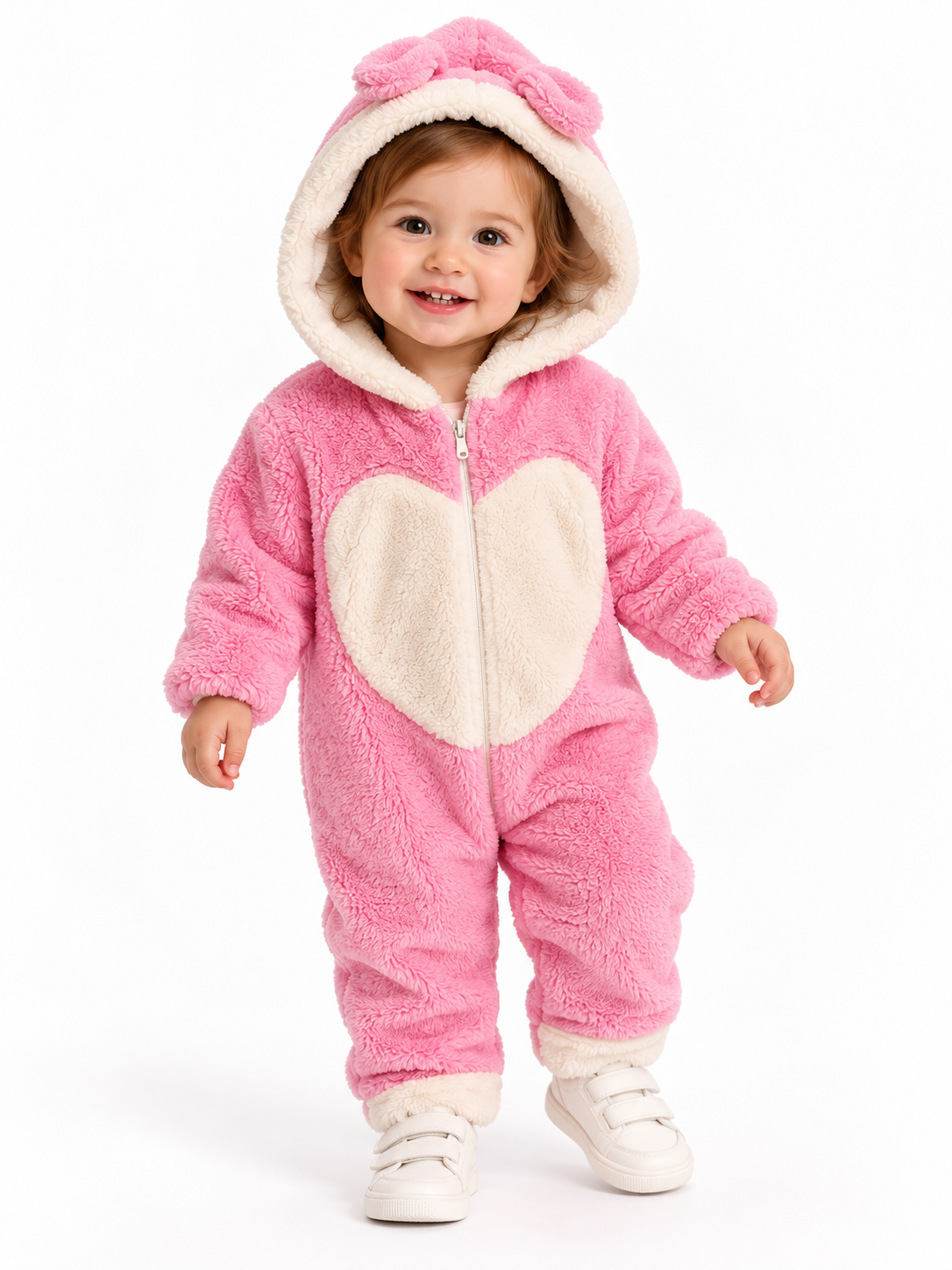 2142 -Kapüşonlu Peluş Kumaş Kız Bebek Tulumu - Pembe