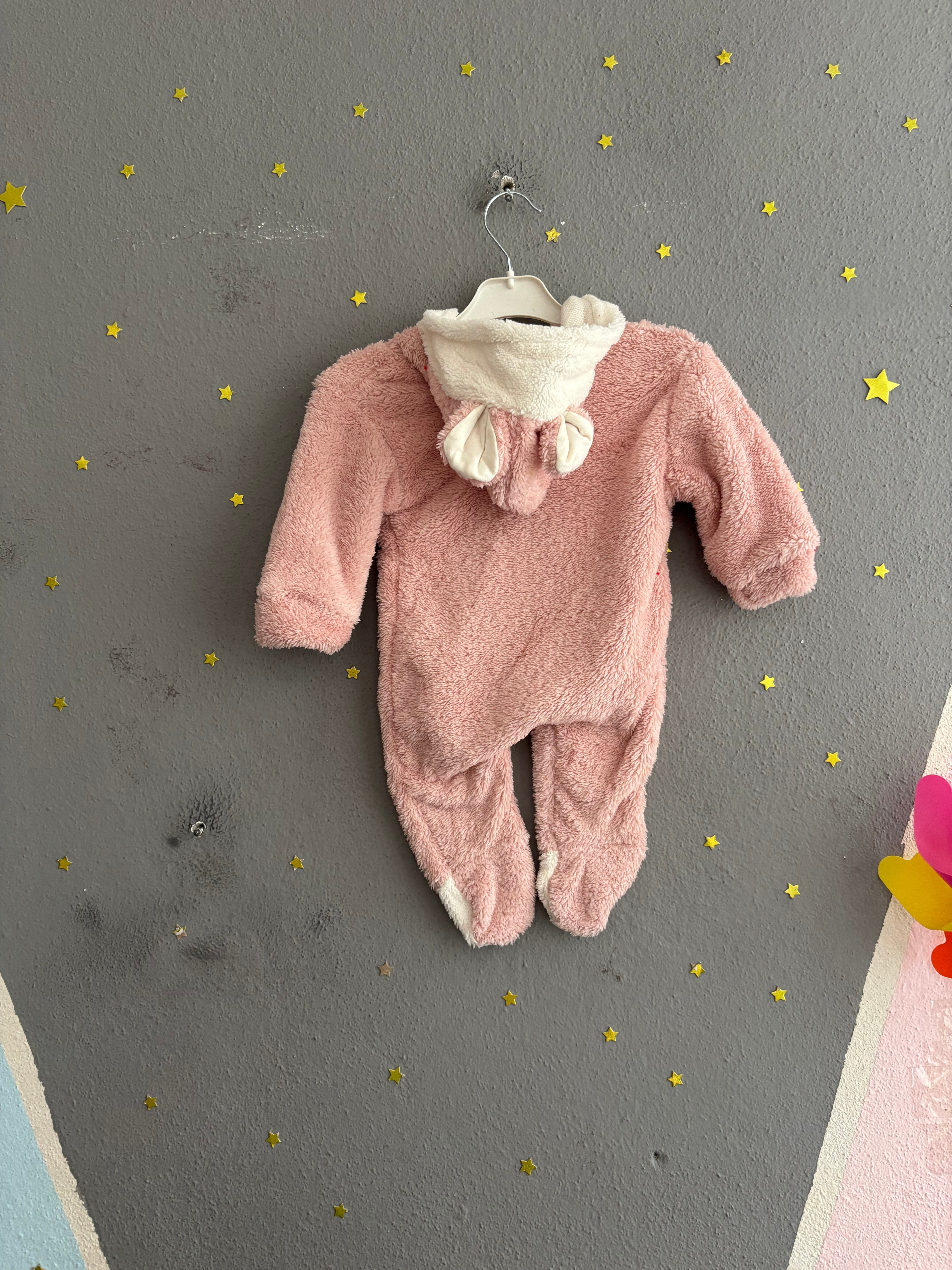2142 -Kapüşonlu Peluş Kumaş Kız Bebek Tulumu - gül kurusu