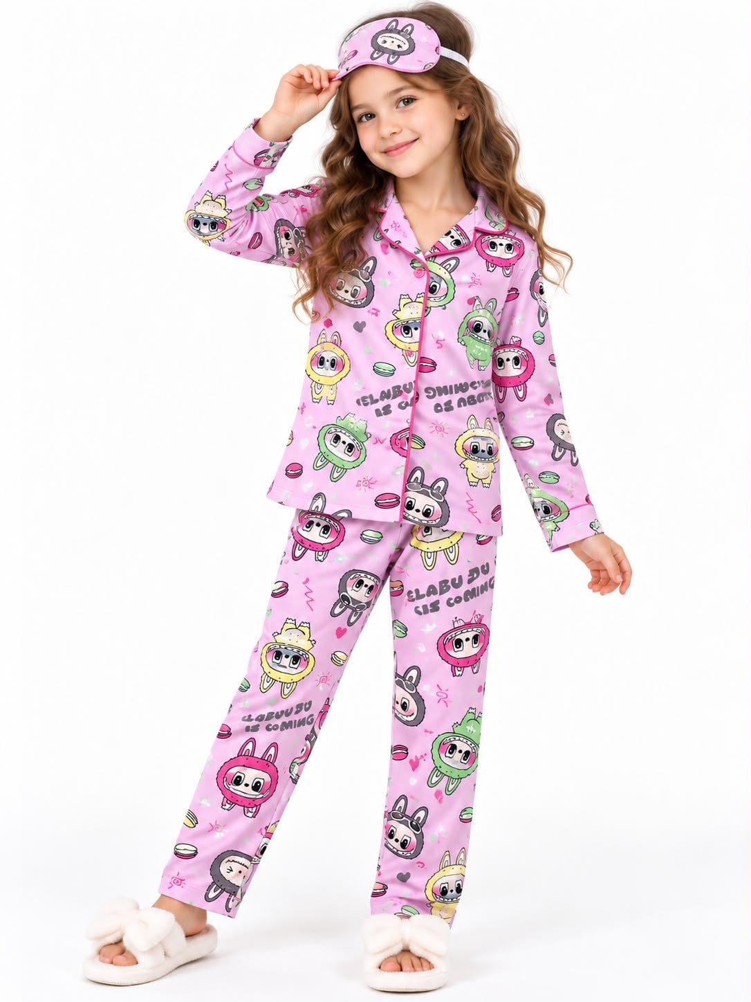 2144 - Kız Çocuk Pamuklu Göz Bantlı Pijama Takımı - Pembe