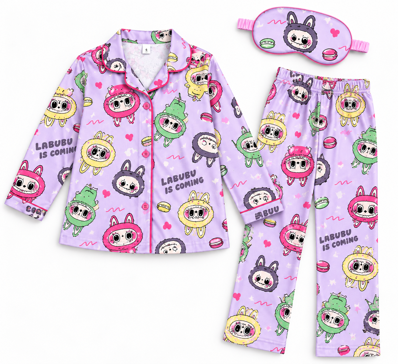 2144 - Kız Çocuk Pamuklu Göz Bantlı Pijama Takımı - Lila