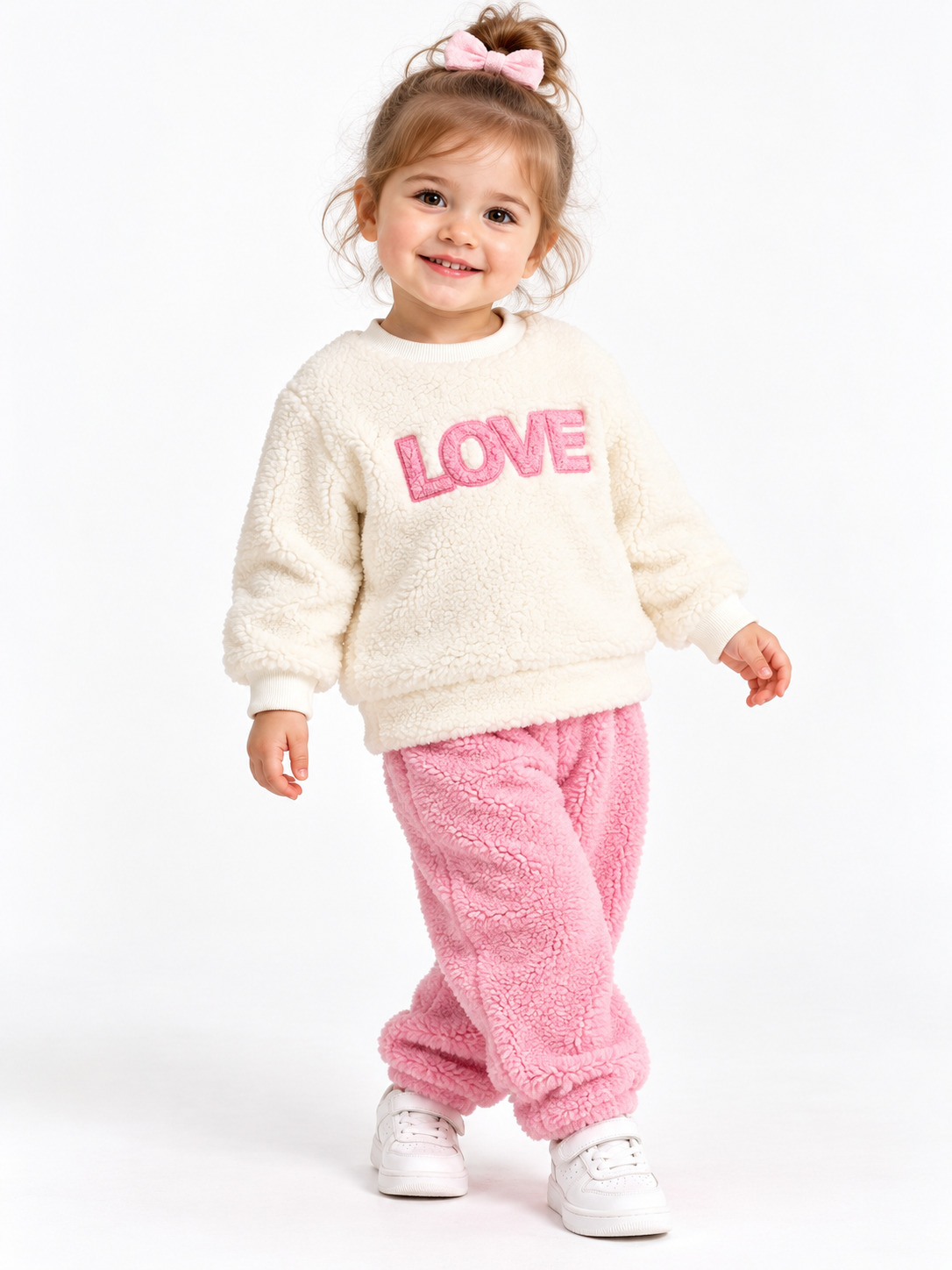 2153 - Love Baskılı Peluş Kumaş Kız Bebek Takımı - Pembe