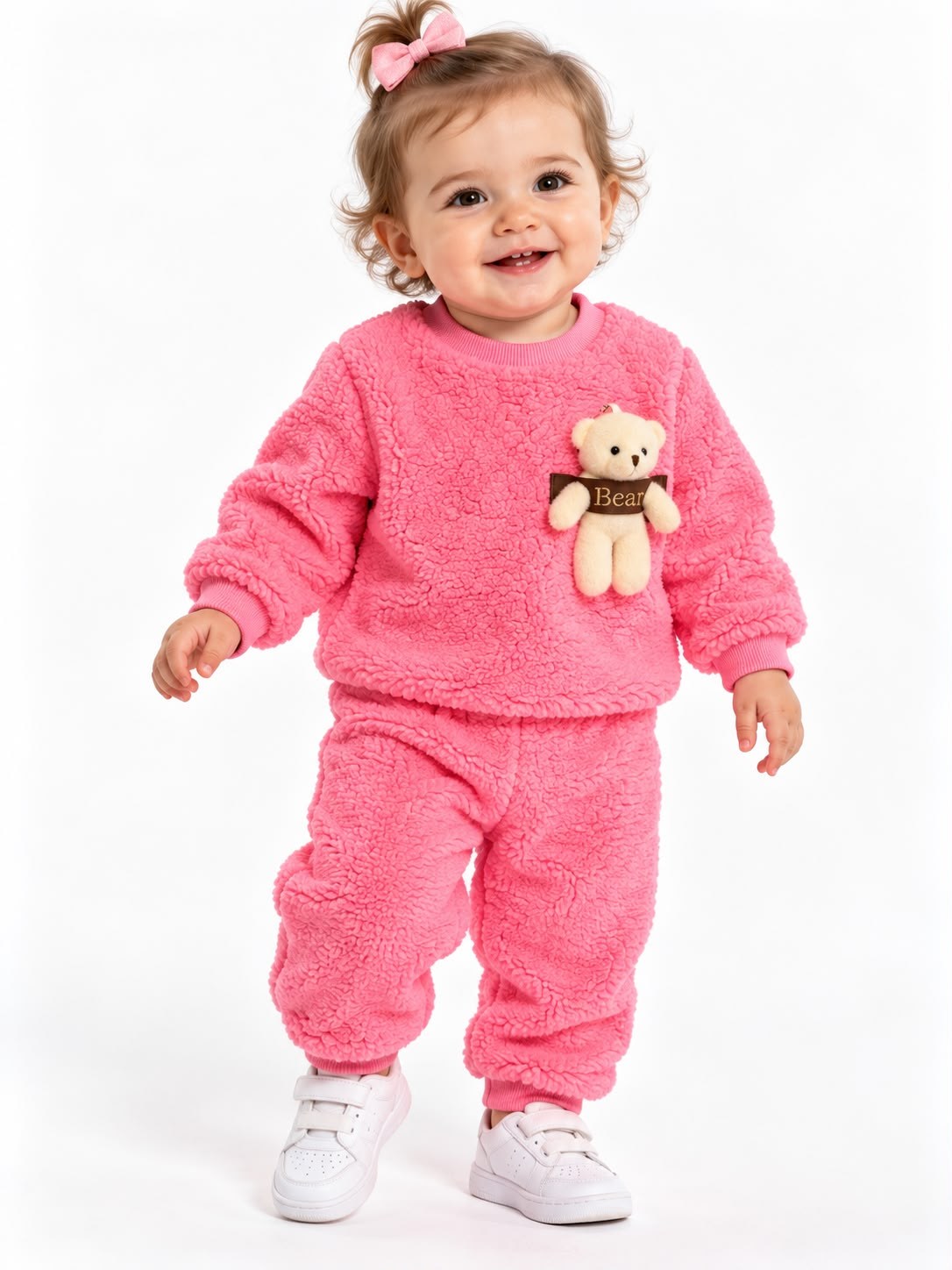 2154 - Ayıcık Aksesuralı Peluş Kumaş Kız Bebek Takımı - Pembe