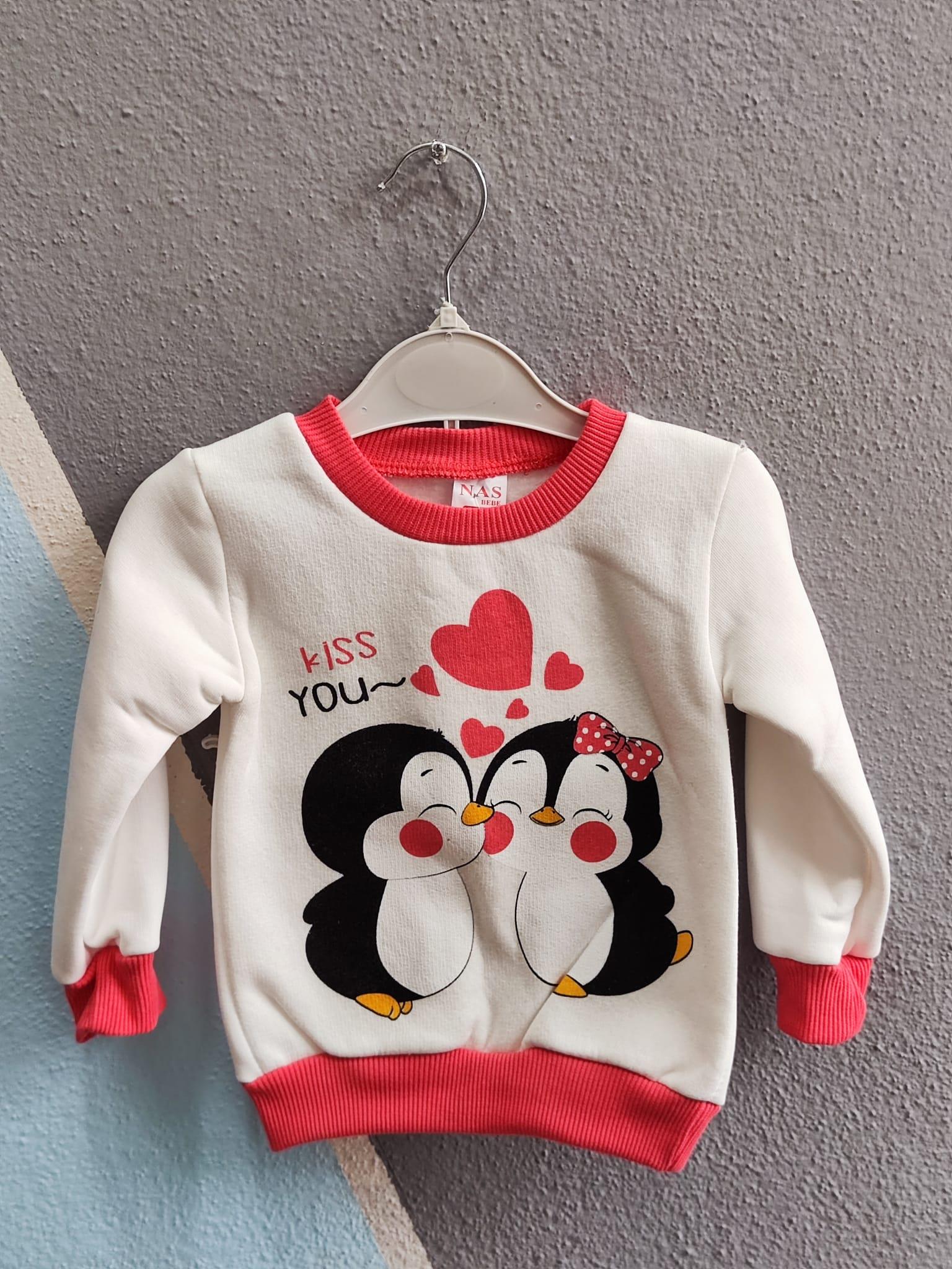 Penguen Baskılı Aylık Kız Takım - Nar Çiçeği