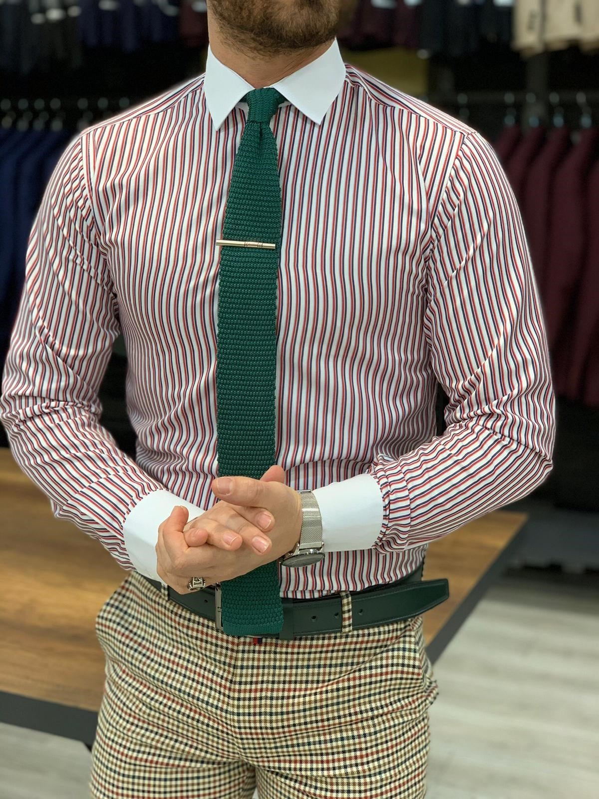 Çizgili Slim Fit Gömlek - Bordo