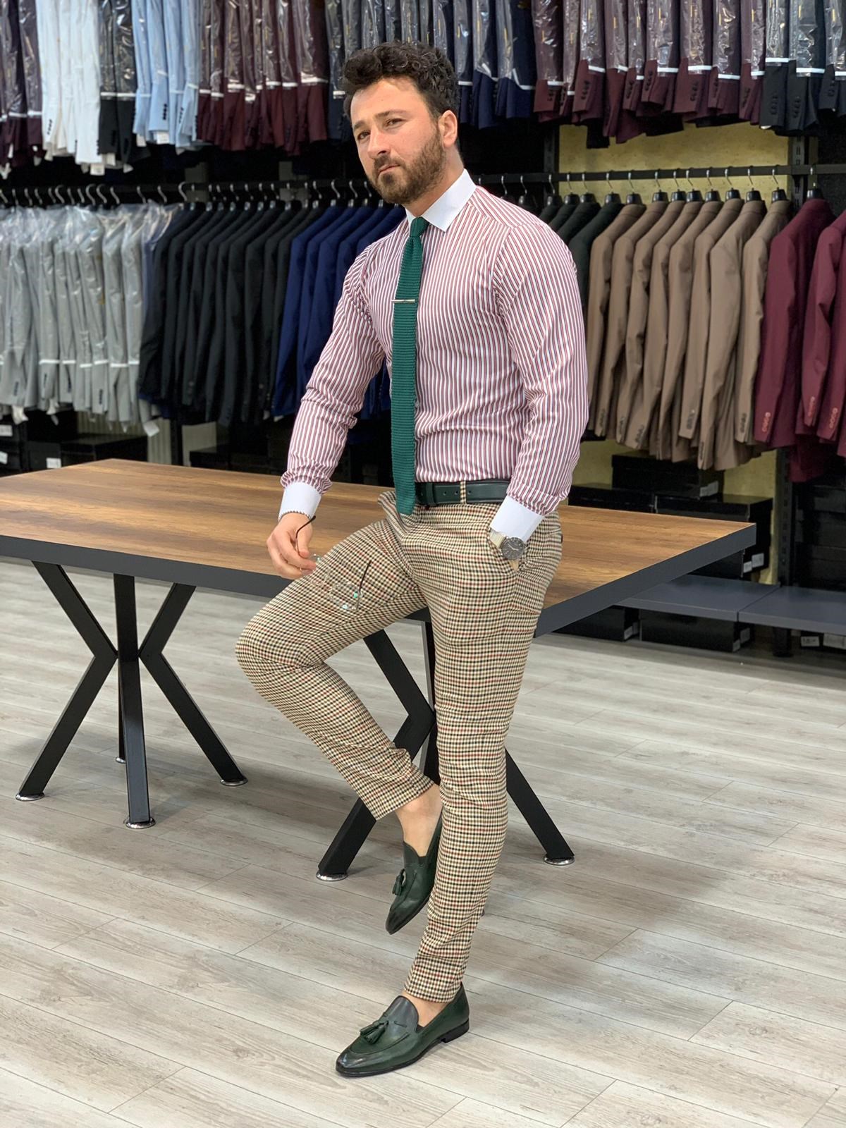 Çizgili Slim Fit Gömlek - Bordo