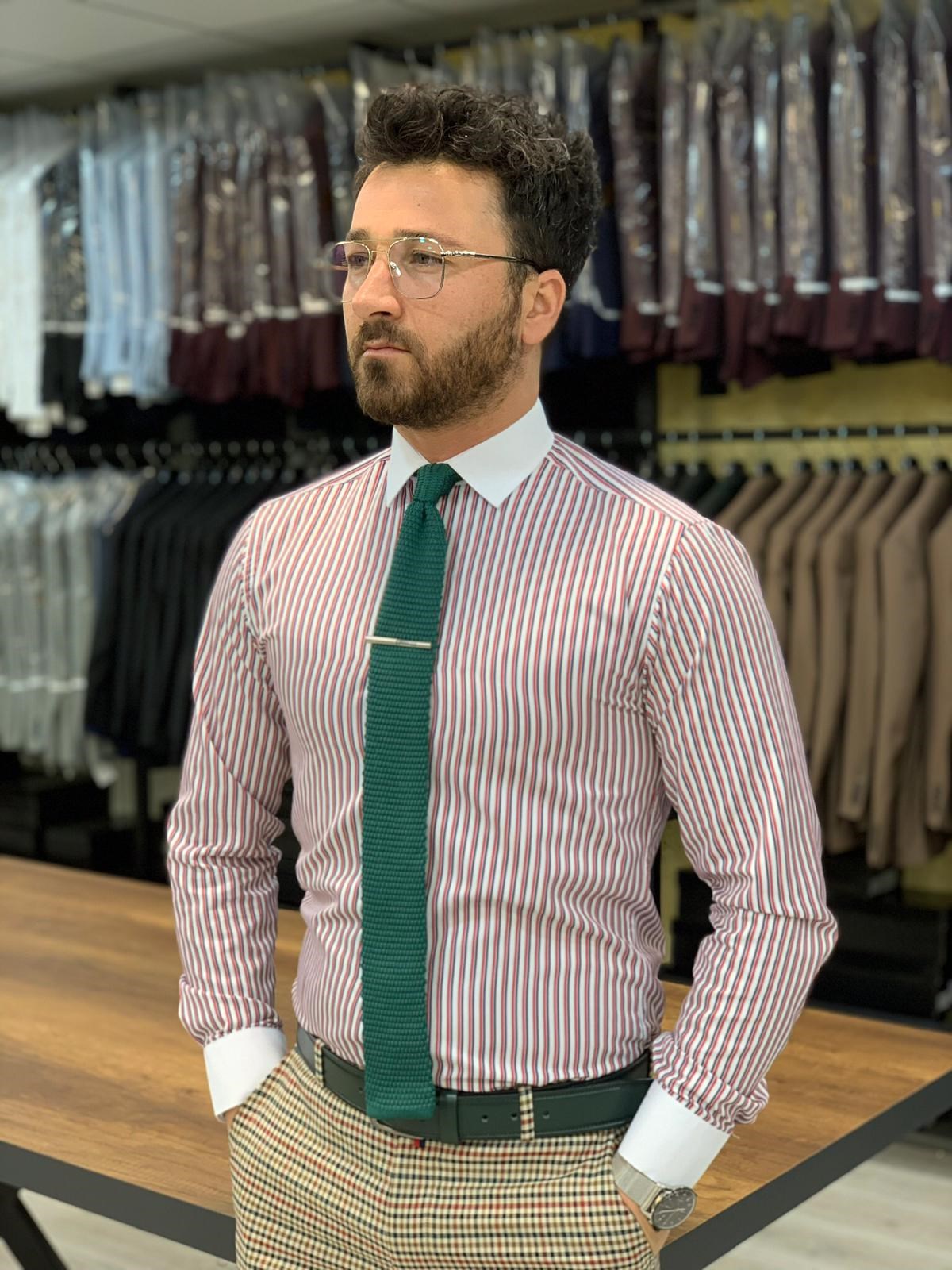 Çizgili Slim Fit Gömlek - Bordo