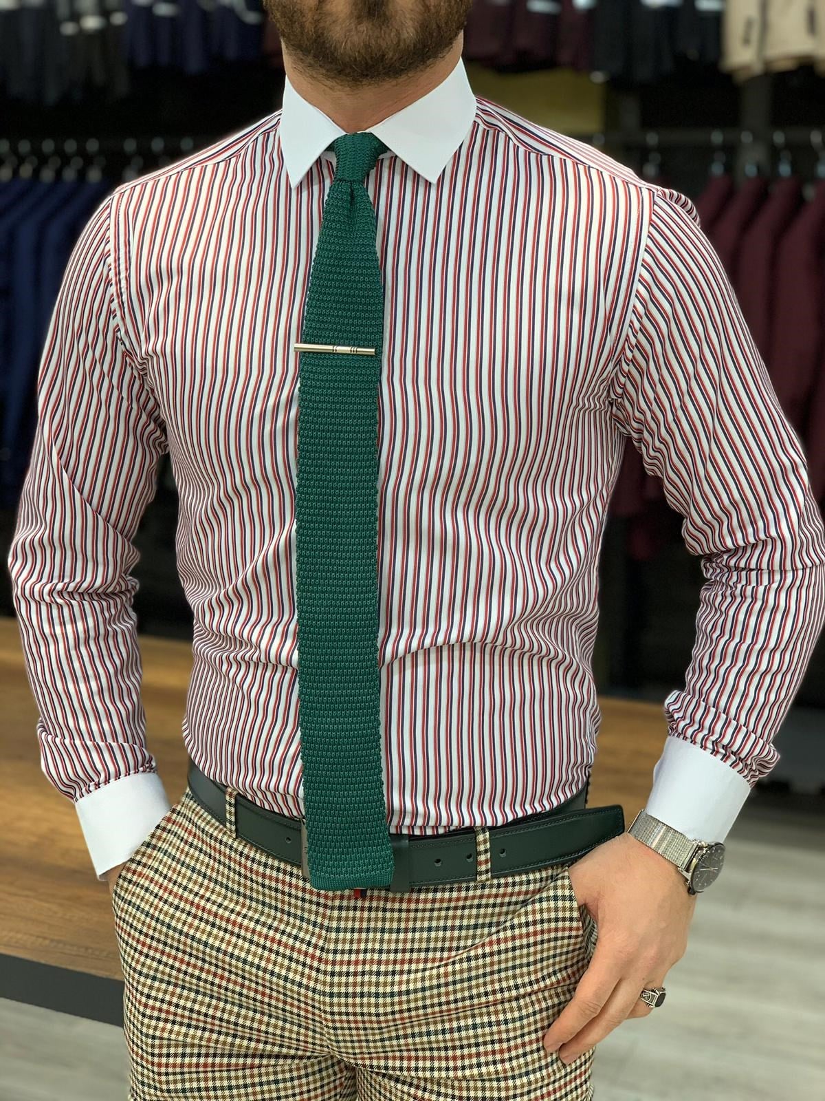 Çizgili Slim Fit Gömlek - Bordo