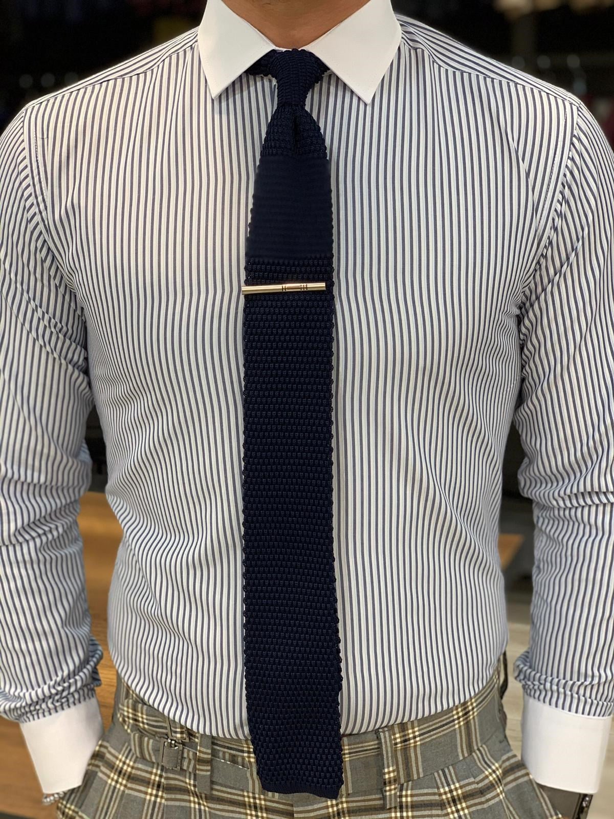 Çizgili Slim Fit Gömlek - Mavi