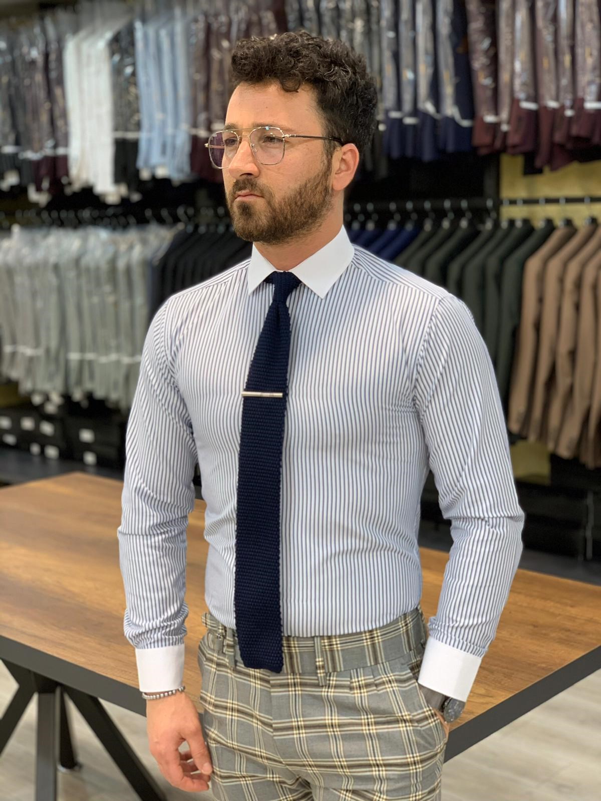 Çizgili Slim Fit Gömlek - Mavi