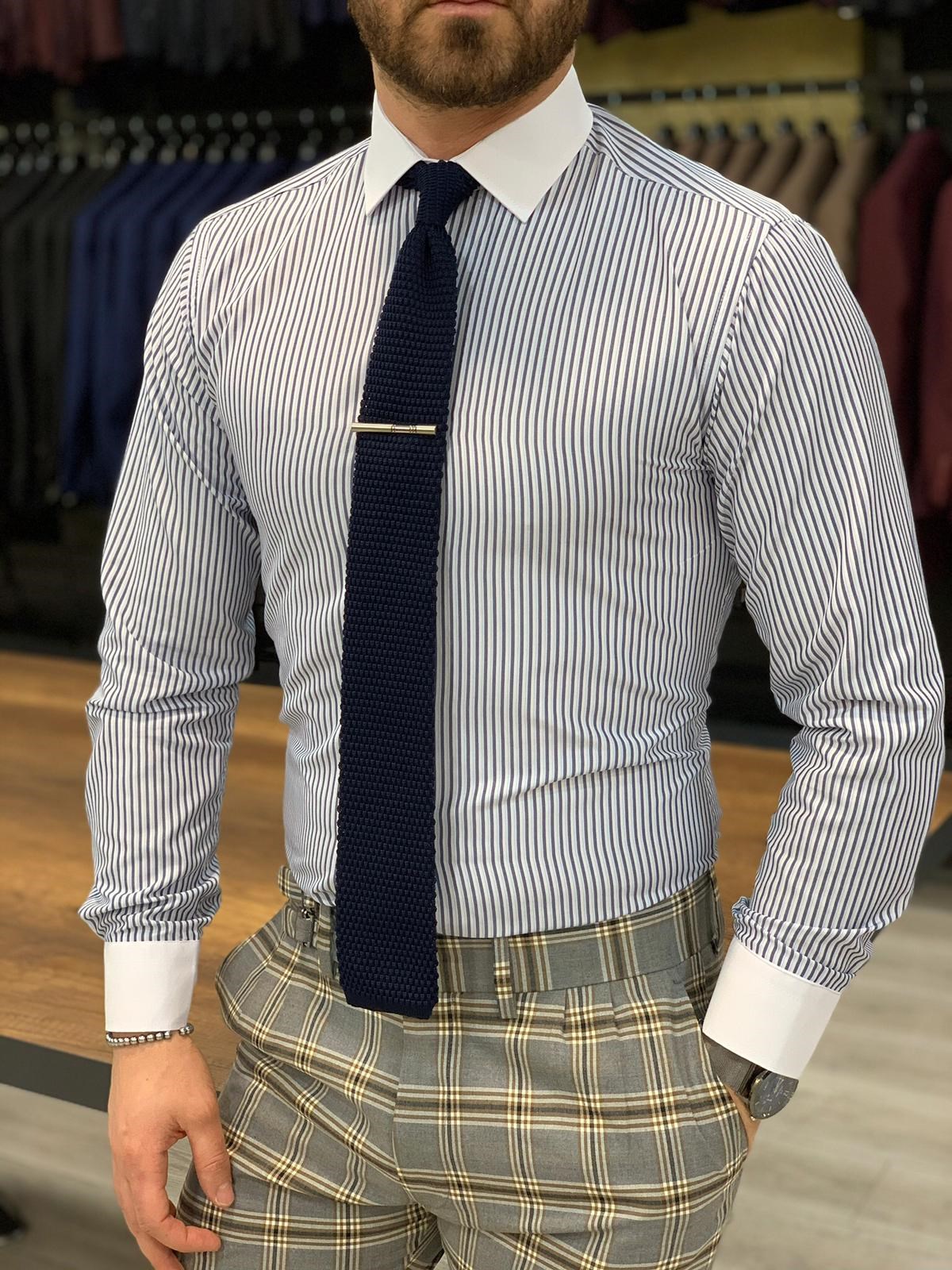 Çizgili Slim Fit Gömlek - Mavi