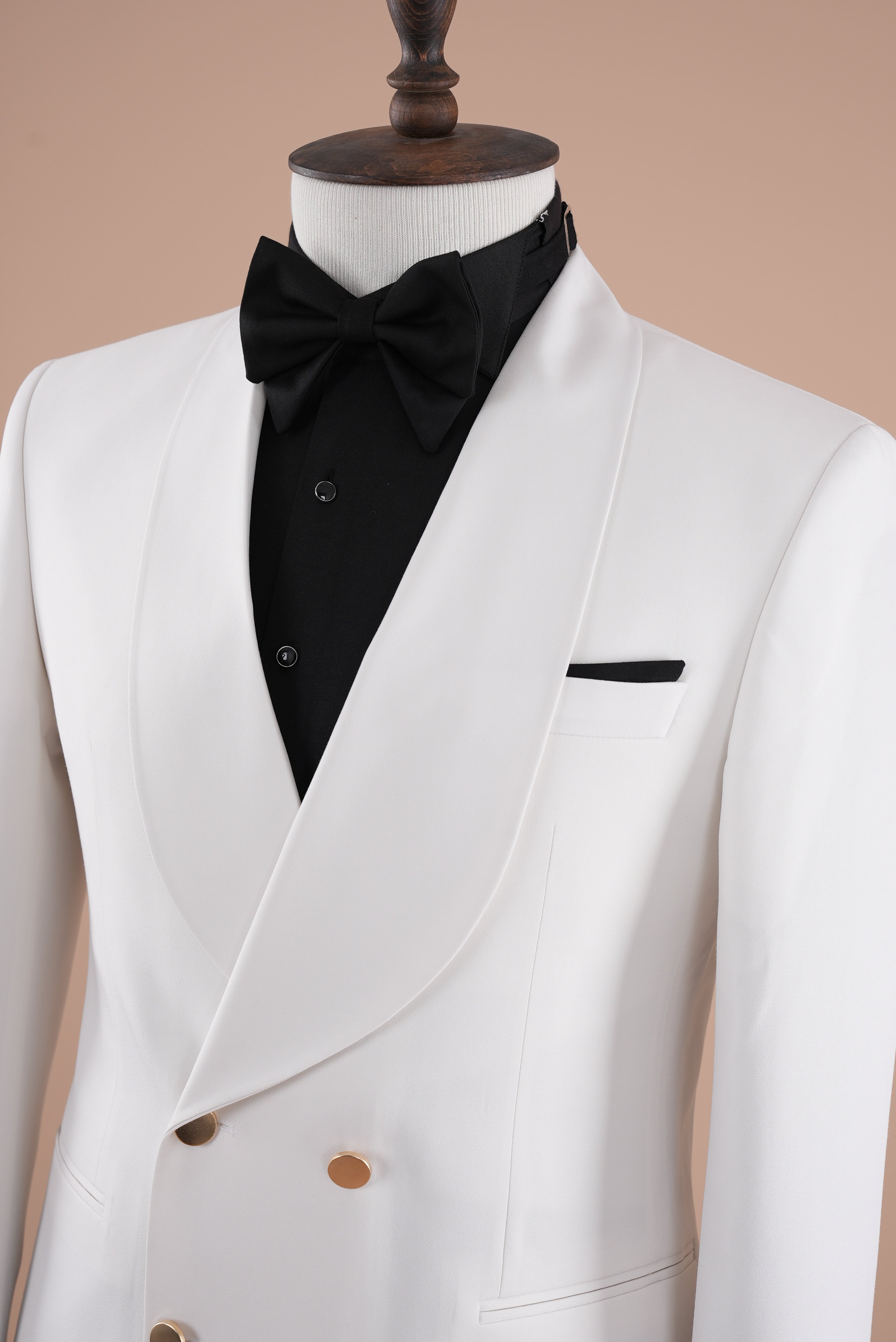 Erkek Kruvaze Damatlık Şal Yaka Metal Düğme Slim fit İtalyan Stil Ceket Pantolon Papyon-Beyaz