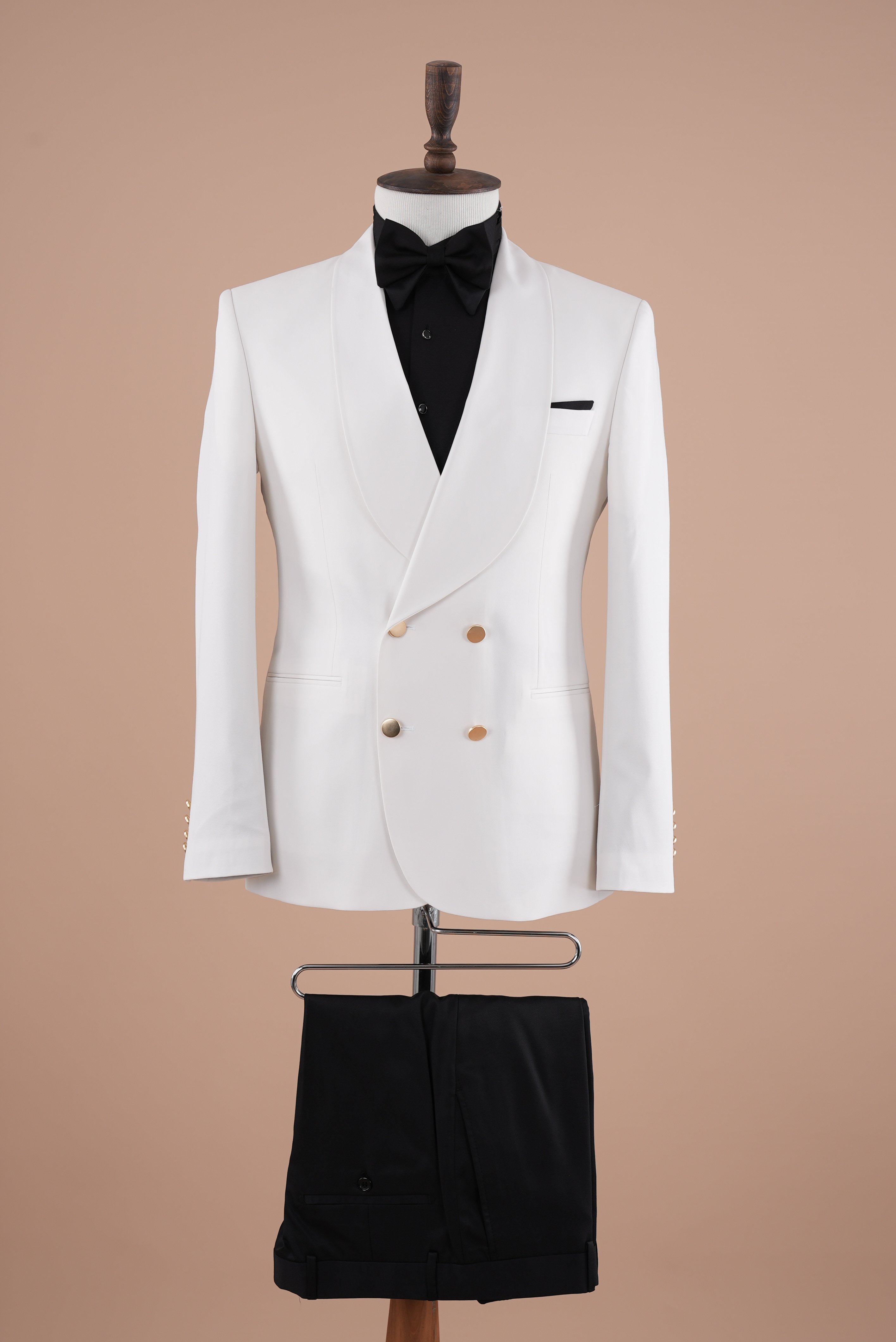 Erkek Kruvaze Damatlık Şal Yaka Metal Düğme Slim fit İtalyan Stil Ceket Pantolon Papyon-Beyaz