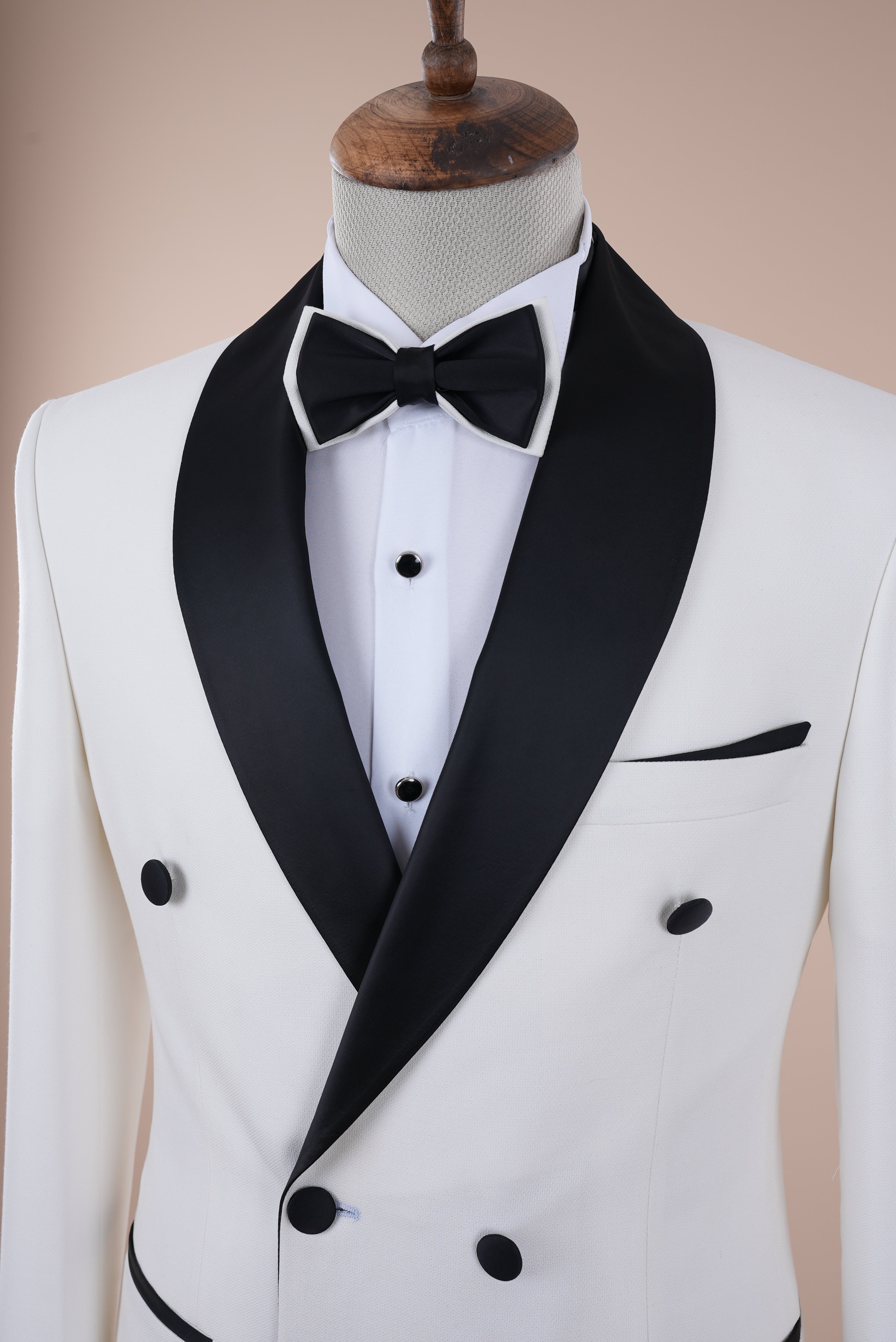 Erkek Kruvaze Şal Yaka Damatlık Slim fit İtalyan Stil Ceket Pantolon Papyon - Beyaz