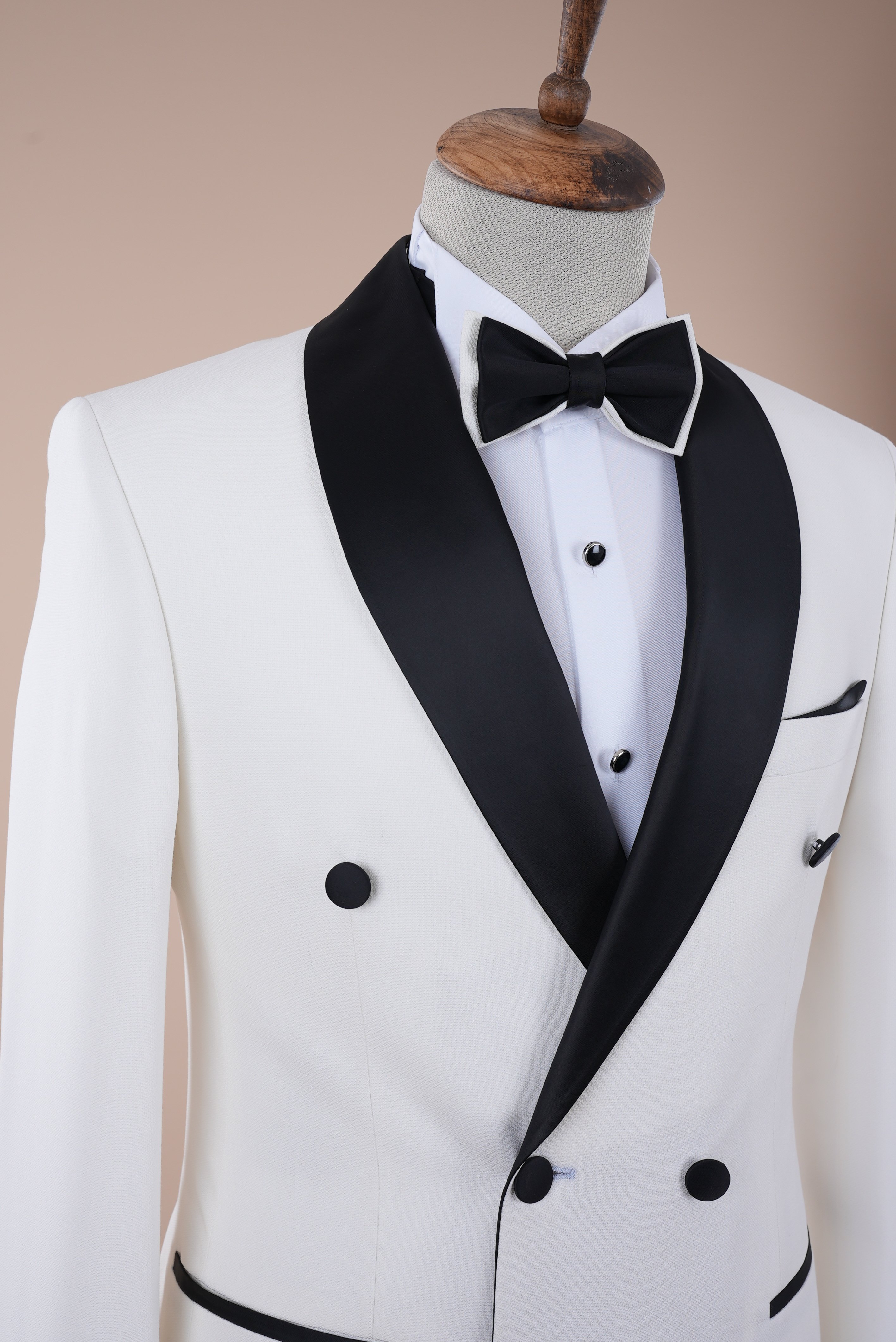 Erkek Kruvaze Şal Yaka Damatlık Slim fit İtalyan Stil Ceket Pantolon Papyon - Beyaz