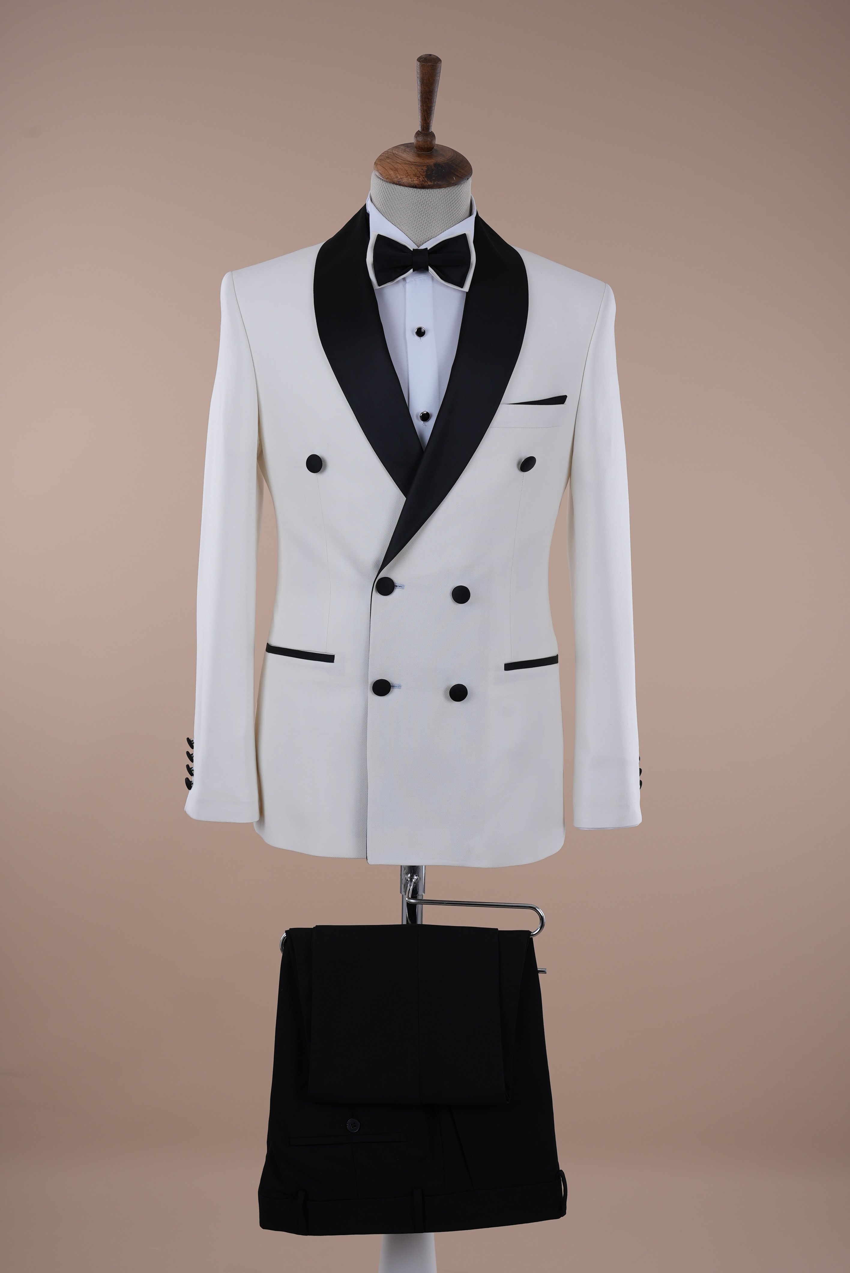 Erkek Kruvaze Şal Yaka Damatlık Slim fit İtalyan Stil Ceket Pantolon Papyon - Beyaz