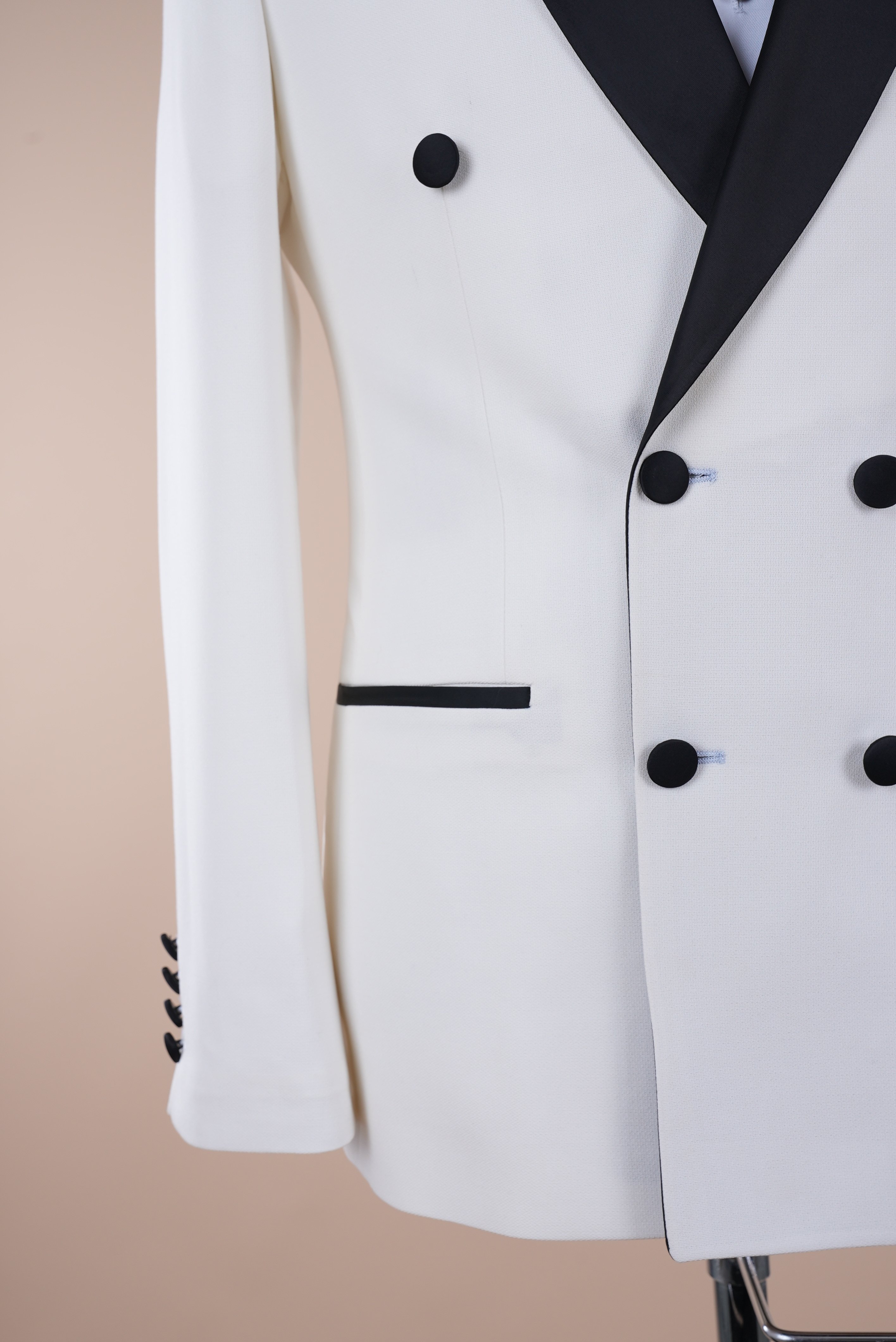 Erkek Kruvaze Şal Yaka Damatlık Slim fit İtalyan Stil Ceket Pantolon Papyon - Beyaz