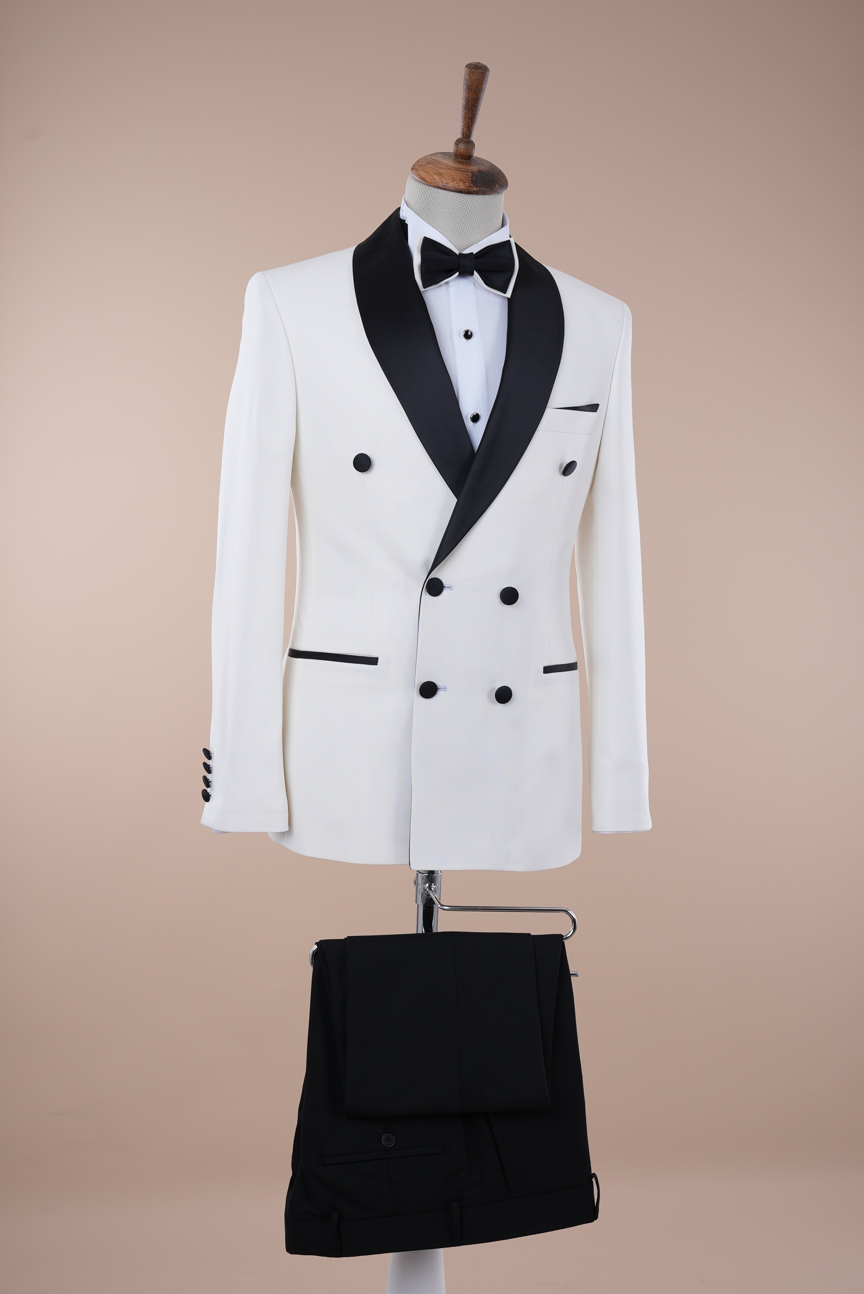 Erkek Kruvaze Şal Yaka Damatlık Slim fit İtalyan Stil Ceket Pantolon Papyon - Beyaz