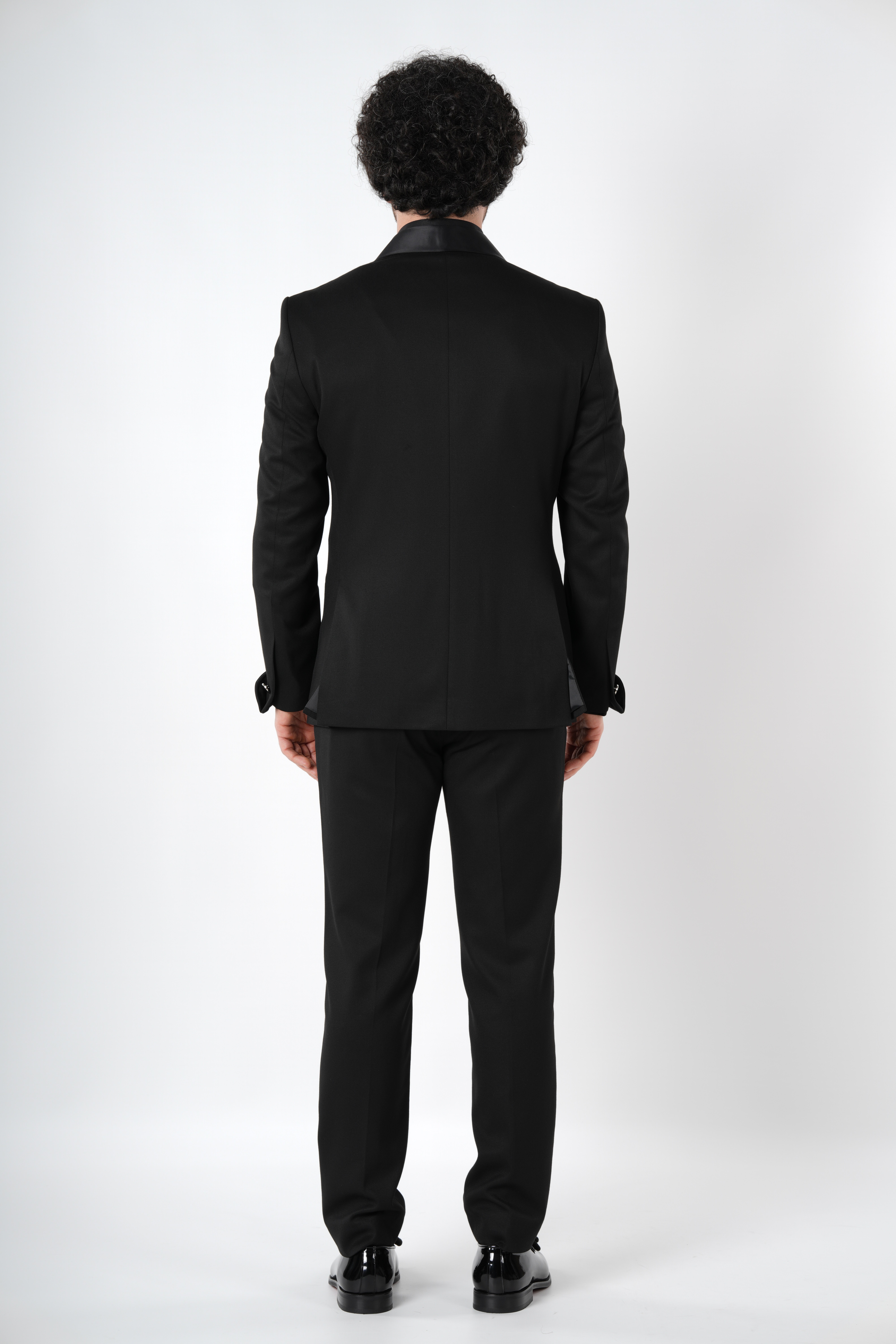 Erkek Kruvaze Smokin Damatlık Gümüş Toka i Şal Yaka İtalyan Stil Slim Fit Ceket Pantolon Papyon-Siyah