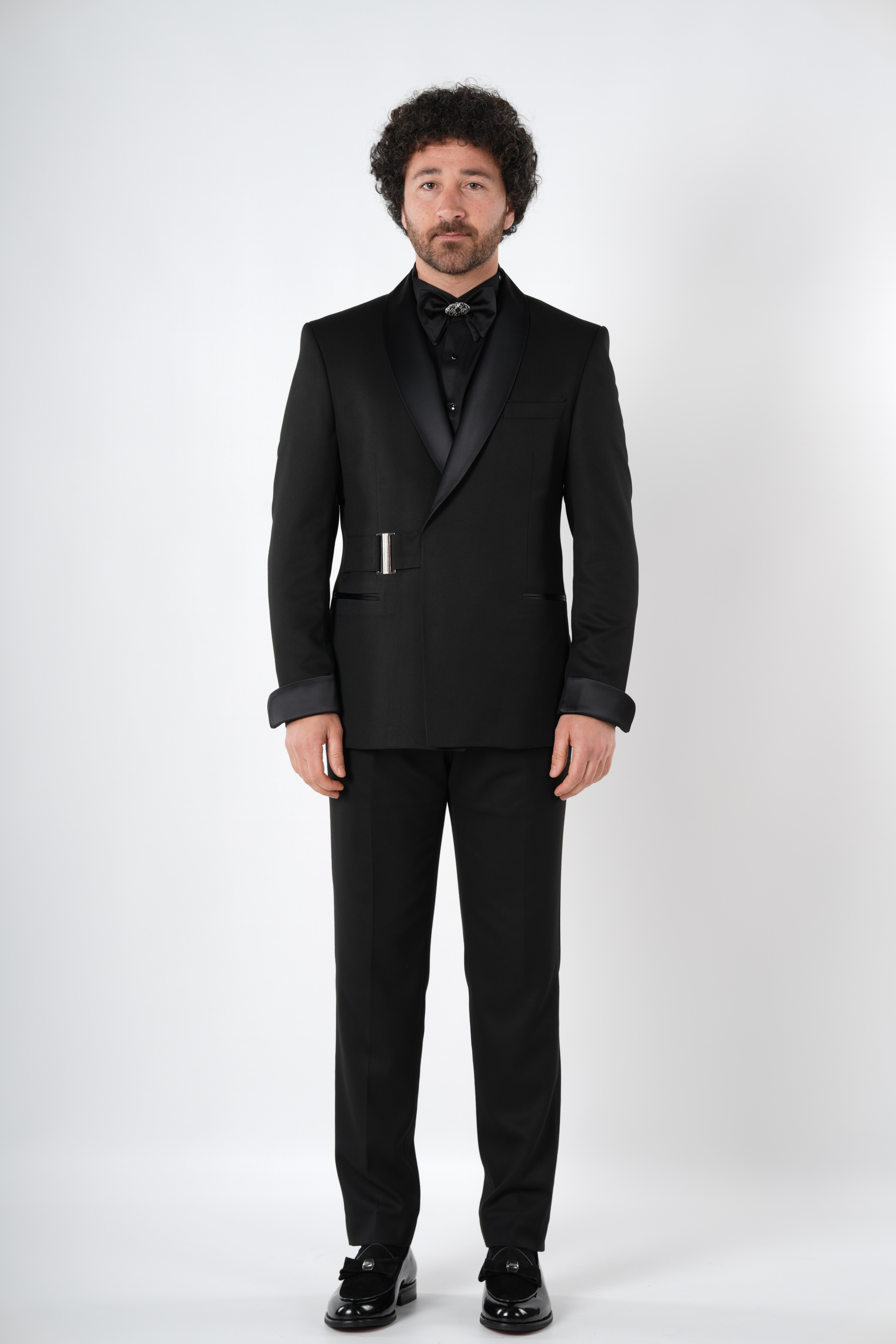 Erkek Kruvaze Smokin Damatlık Gümüş Toka i Şal Yaka İtalyan Stil Slim Fit Ceket Pantolon Papyon-Siyah