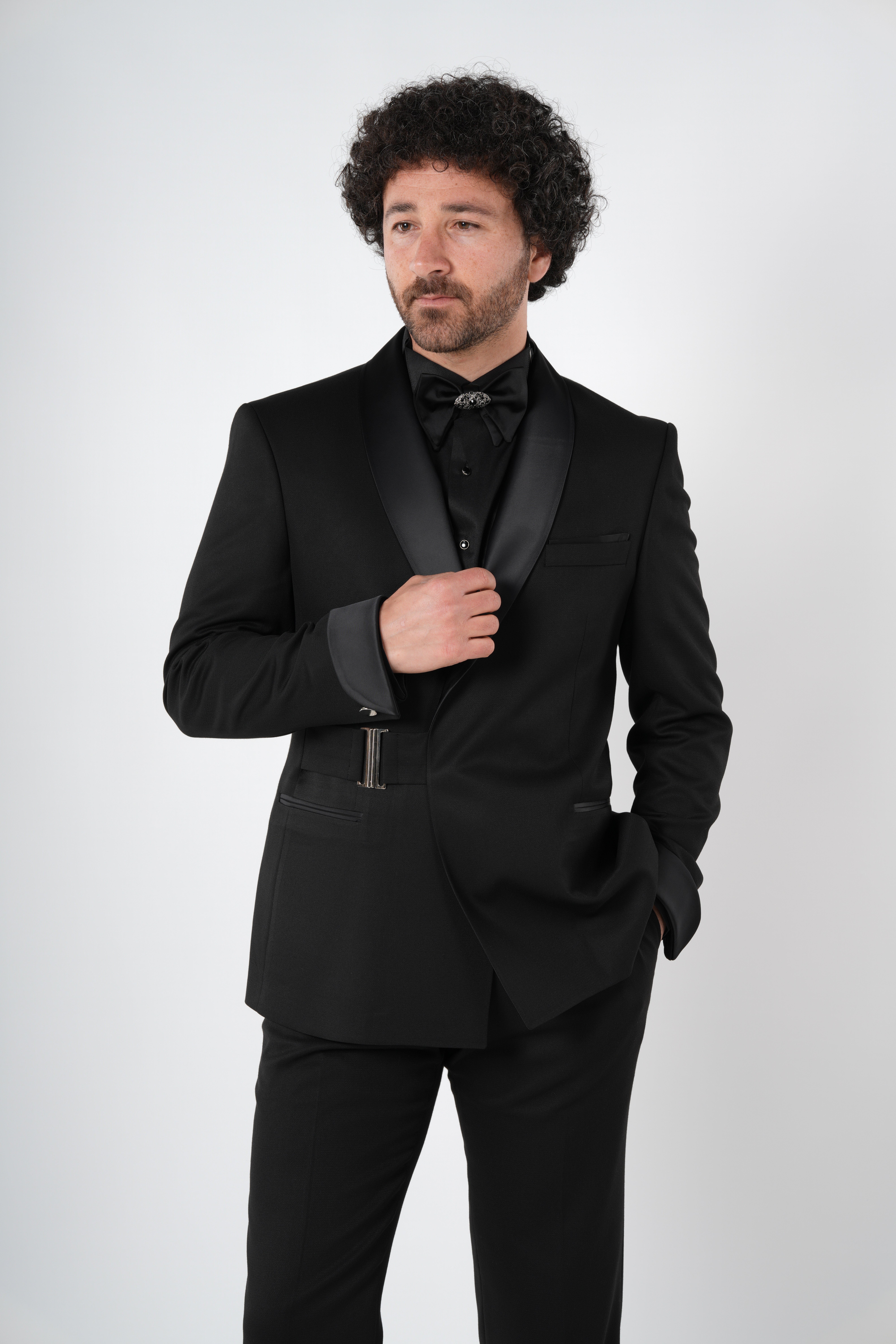 Erkek Kruvaze Smokin Damatlık Gümüş Toka i Şal Yaka İtalyan Stil Slim Fit Ceket Pantolon Papyon-Siyah