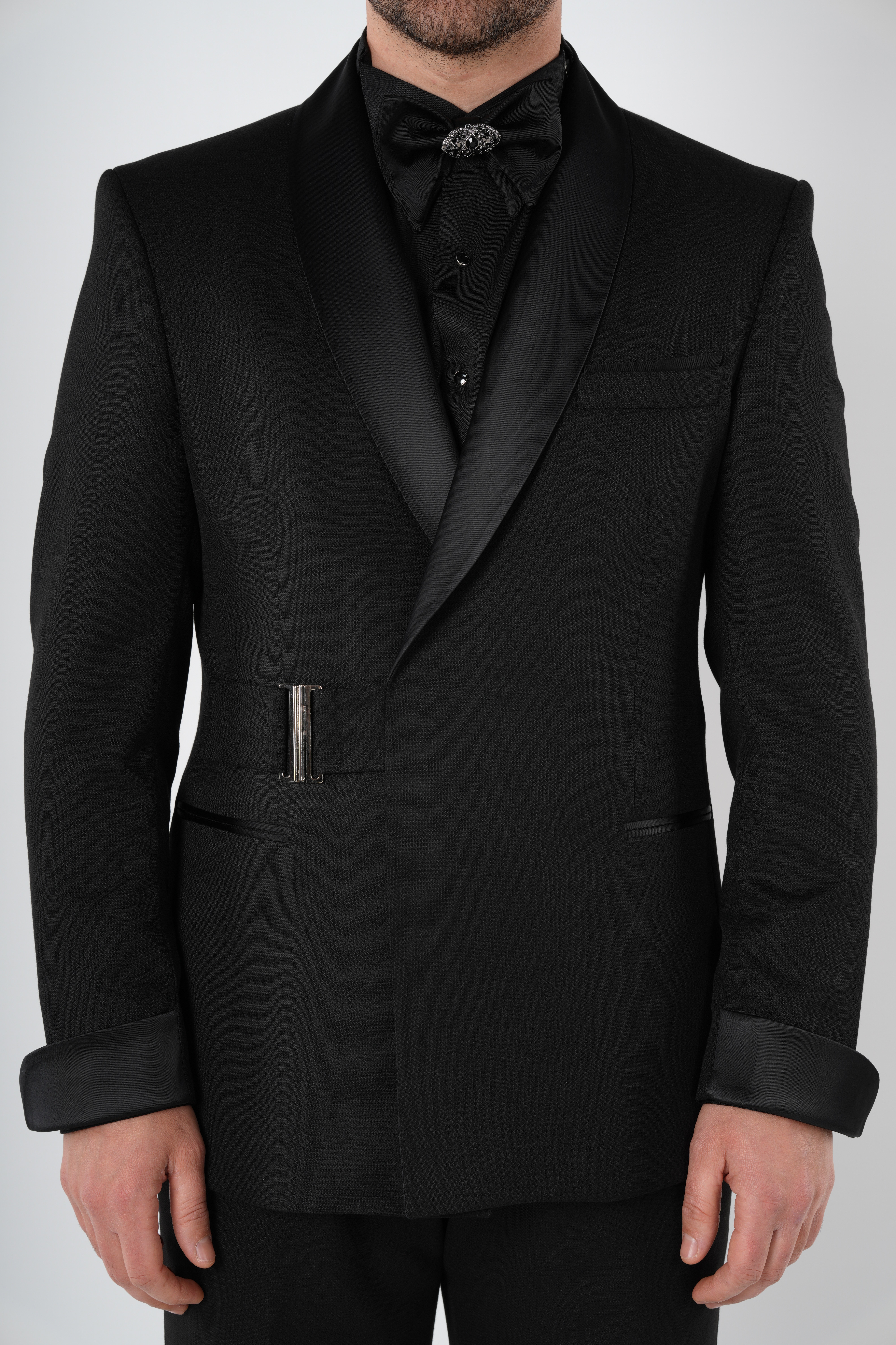 Erkek Kruvaze Smokin Damatlık Gümüş Toka i Şal Yaka İtalyan Stil Slim Fit Ceket Pantolon Papyon-Siyah