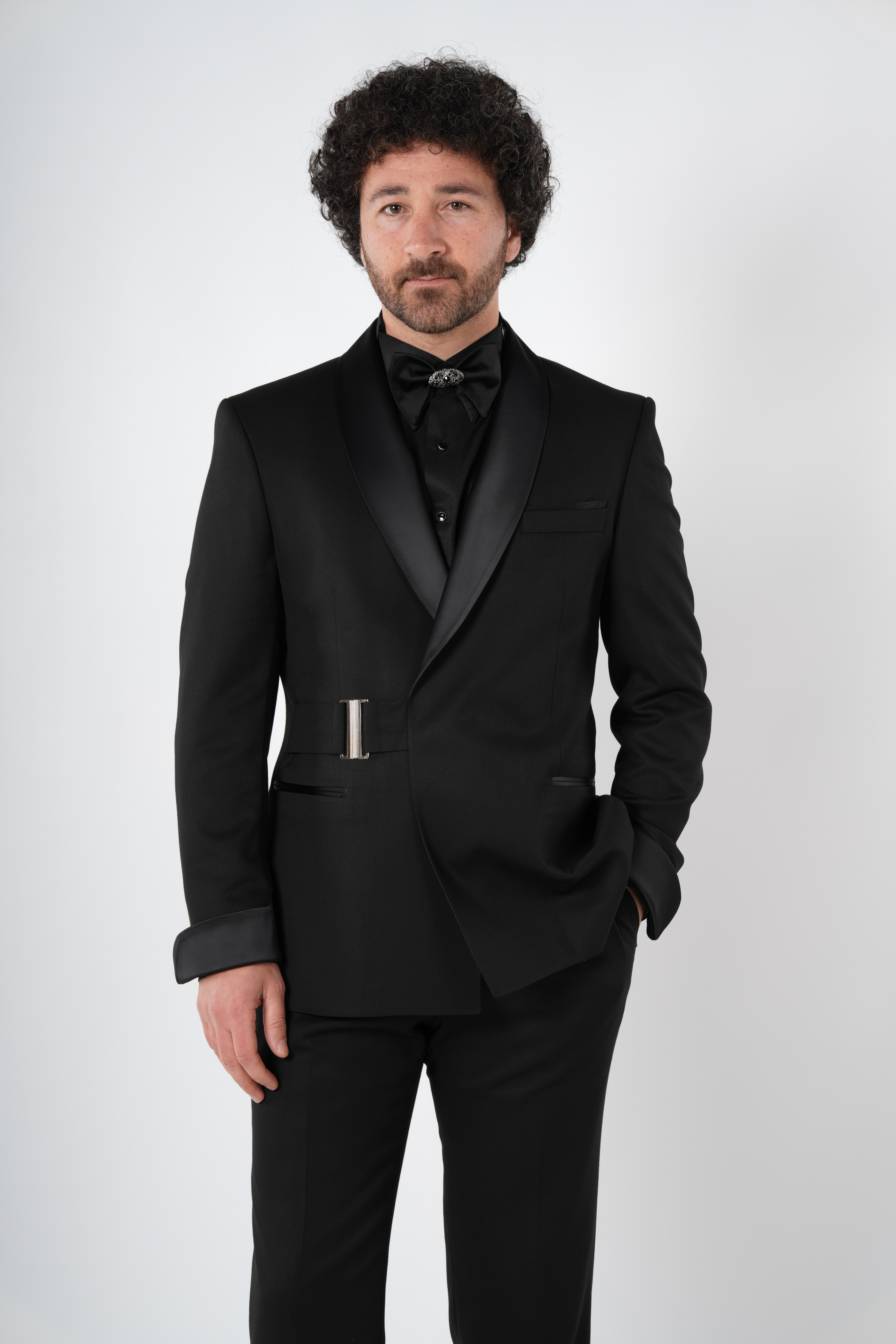 Erkek Kruvaze Smokin Damatlık Gümüş Toka i Şal Yaka İtalyan Stil Slim Fit Ceket Pantolon Papyon-Siyah